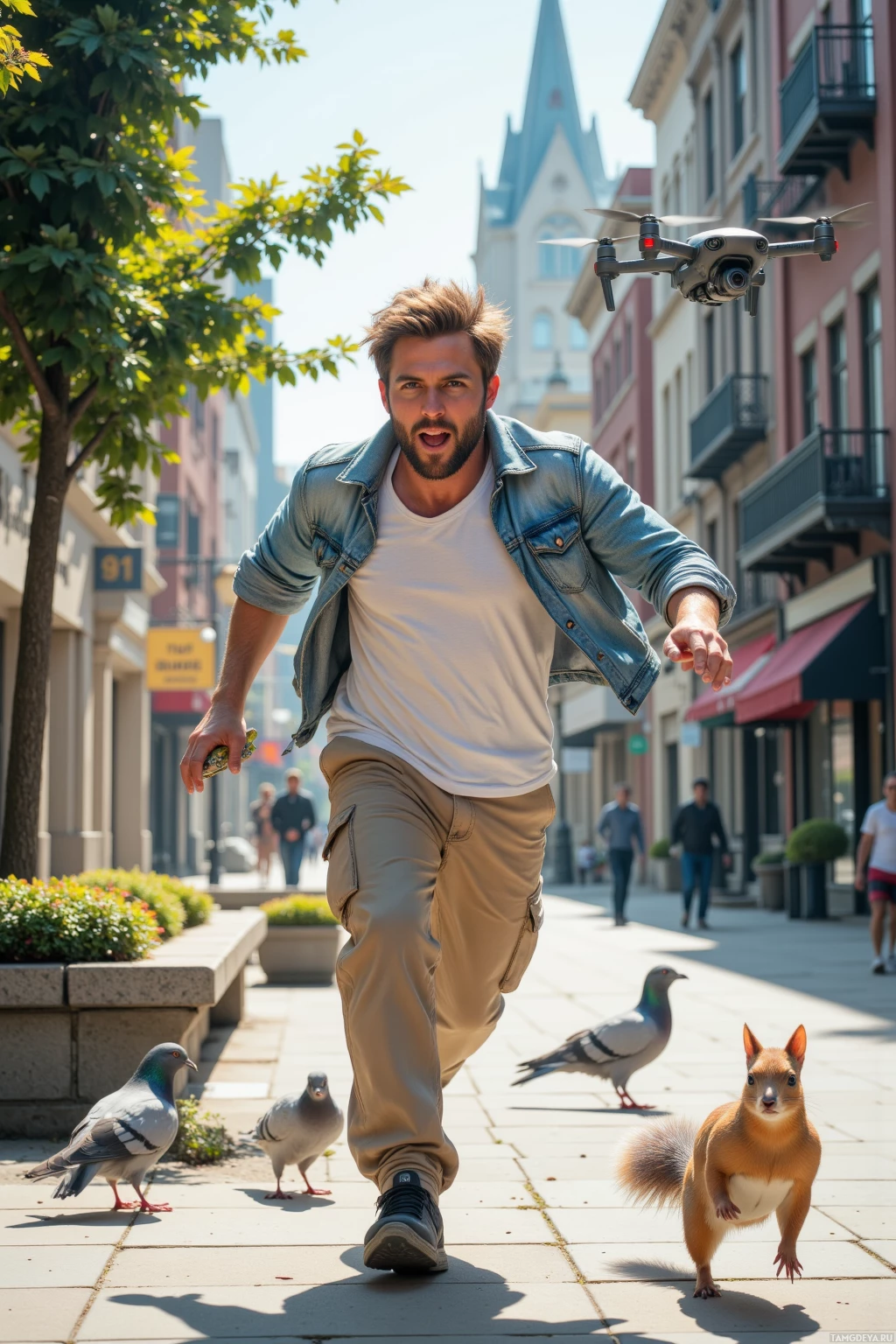 Realistic high quality photo. Man with tousled light brown hair, bright blue eyes, wearing a white t‑shirt under a light denim jacket and beige cargo pants, sprinting down a city block chased by pigeons with a small drone overhead, holding a protein bar while shouting about climate graphs, with a ficus tree leaning in the background, a squirrel on a bench debating invasive species, a kayak and a kazoo on the sidewalk, all in bright daylight.