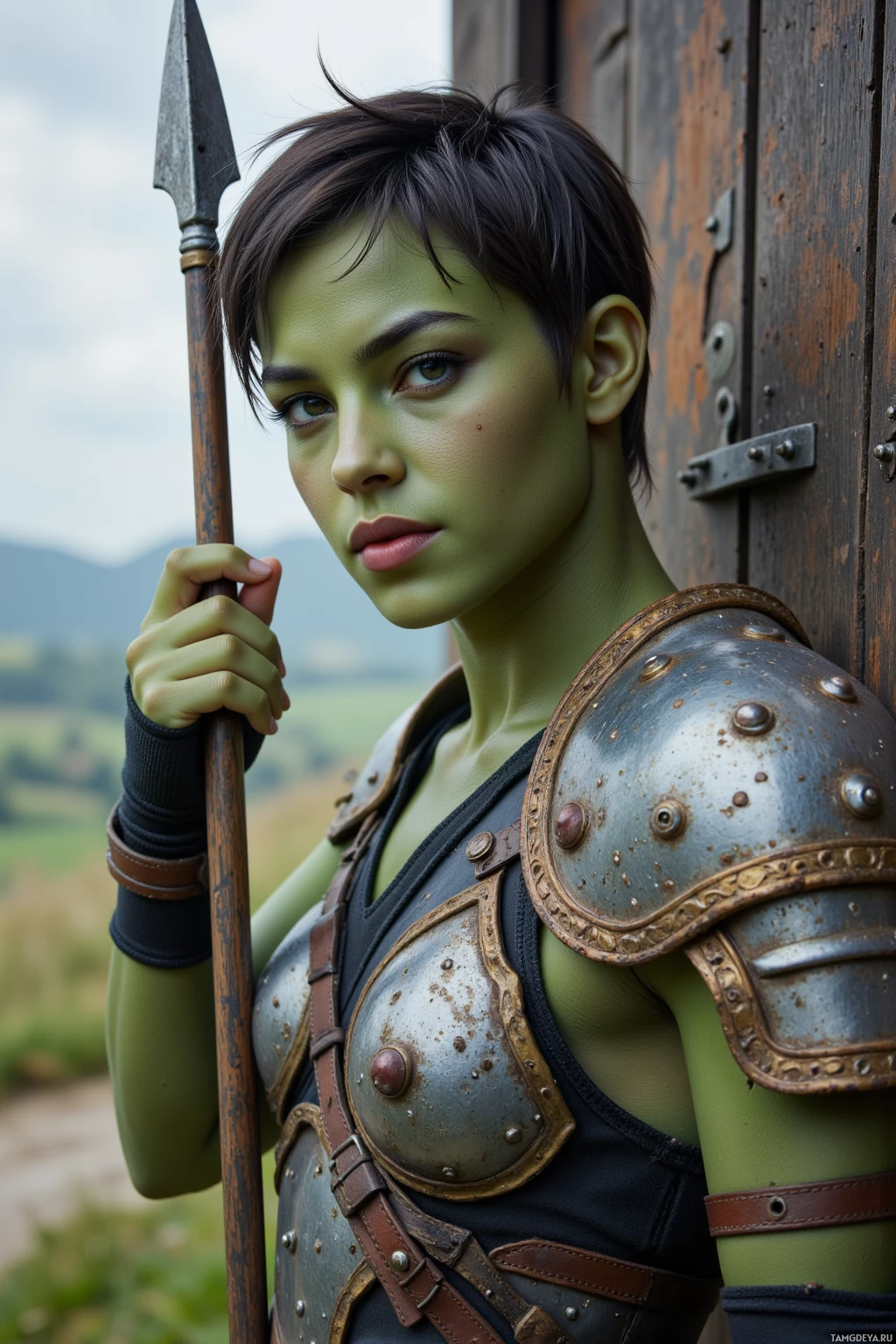 Realistic high quality photo. A proud muscular troll woman, 30, green skin, sharp tusks, short messy black hair, emerald eyes, wearing scavenged tribal armor, sharpening a spear on a hilltop fortress gate, eyes fierce and watchful, ready to defend her loyal tribe.