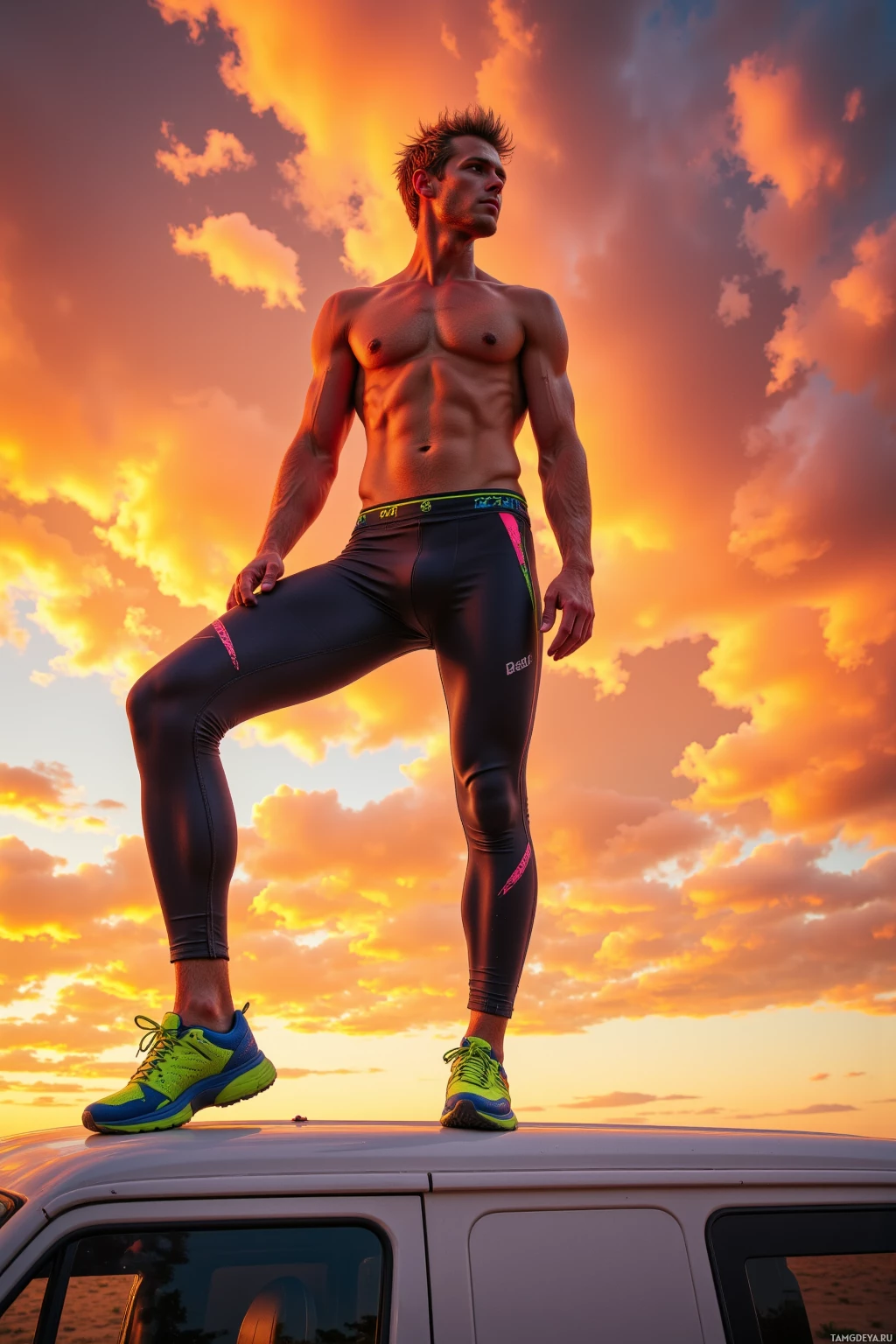 Realistic high quality photo. A 27‑year‑old man with spiky blonde hair, bright blue eyes, pale skin, strong jawline and small nose, wearing neon‑colored tight‑fitting activewear, standing on the roof of a van at sunset, fiery orange clouds overhead, wind whipping his hair, modern realistic scene radiating adrenaline and high energy.