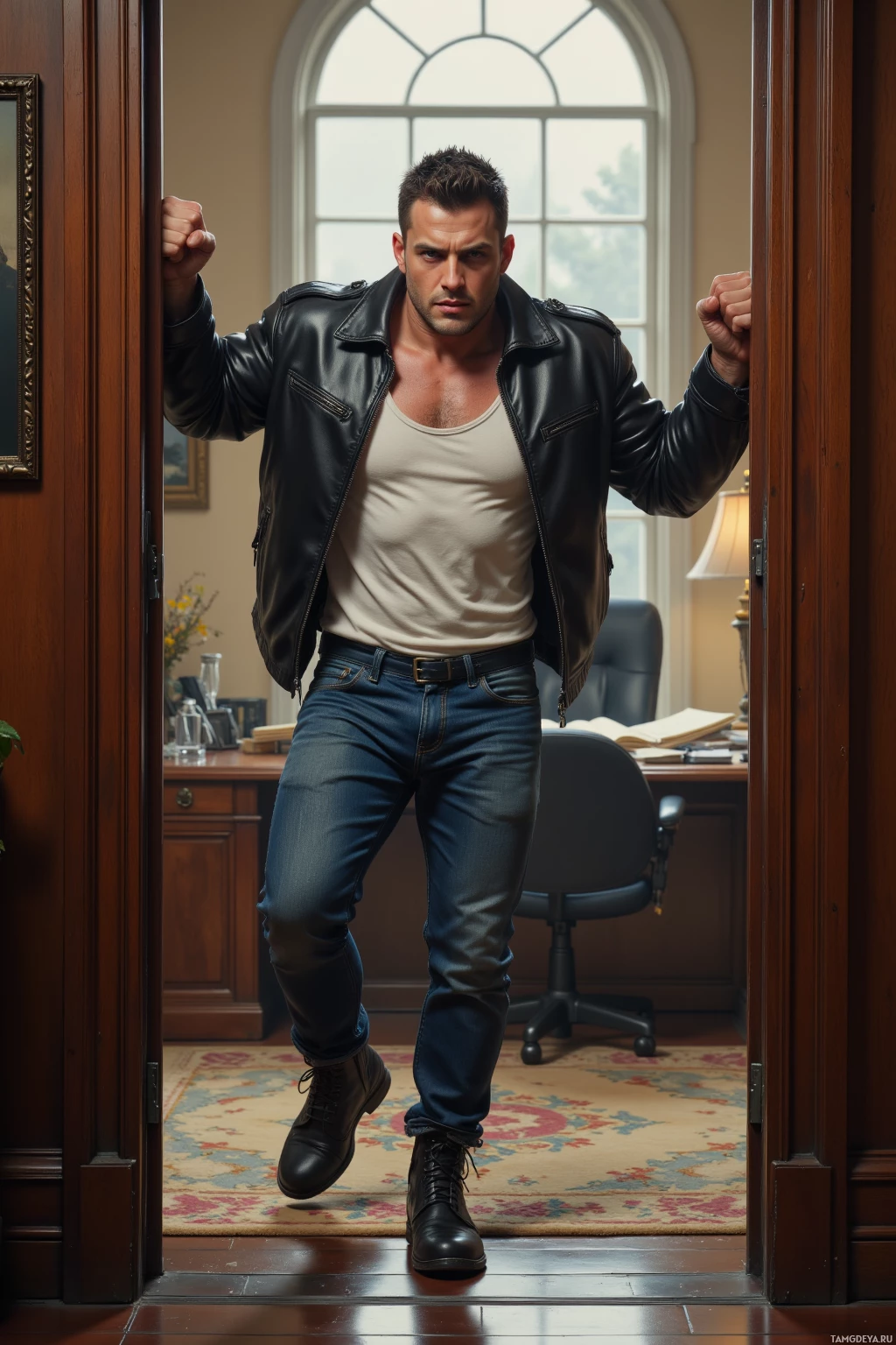 Realistic high quality photo. A broad-shouldered 28‑year‑old man with short dark hair and piercing blue eyes, wearing a leather jacket over a white tank top, jeans and sturdy boots, slams a wooden office door in a modern mayor’s office with a desk, framed portrait and window letting in muted daylight, fists clenched and face flushed with anger.