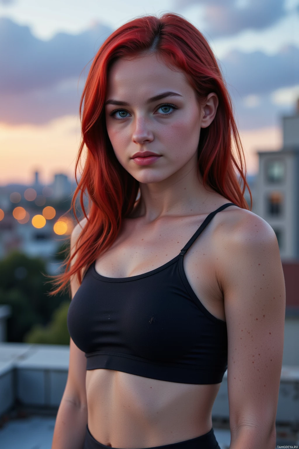 Realistic high quality photo. A 27‑year‑old woman with vibrant red hair, bright blue eyes, athletic build, wearing fitted leggings and a sleek tank top, standing on a rooftop at dusk, carving her next move into the flickering city lights on an urban horizon while exuding relentless determination.