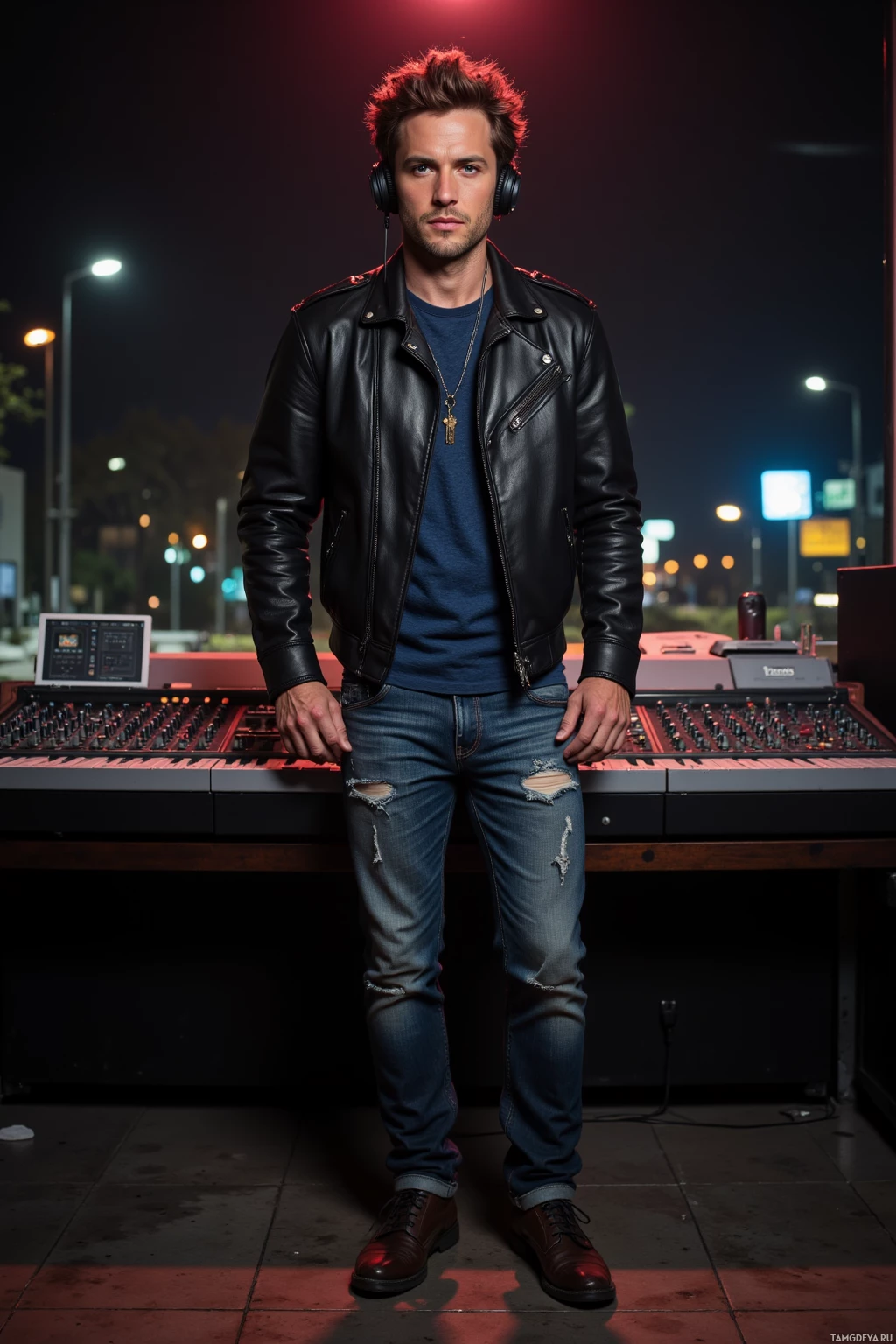 Realistic high quality photo. Tall 31‑year‑old male with tousled brown hair, blue eyes, wearing a worn leather jacket over casual jeans and scuffed boots, stands in a dim late‑night recording studio with flickering lights, focused on a mixing console while blurred city traffic lights glow outside the window, headphones on, hands on knobs, exuding calm concentration.