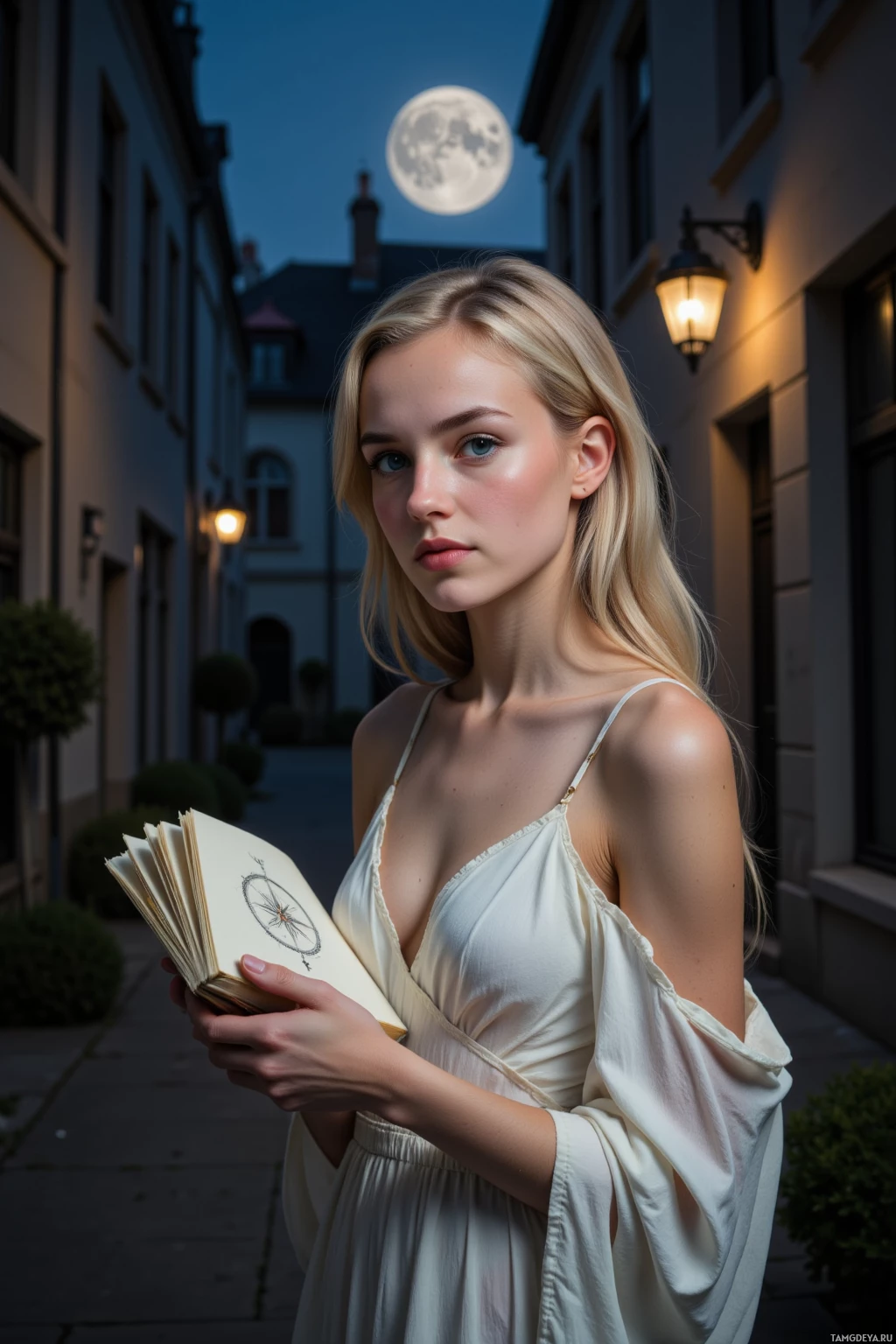 Realistic high quality photo. A 31‑year‑old woman with long blonde hair, soft blue eyes, wearing a flowing white dress that ripples like water, stands in a dim alley at night beneath a tired moon overhead, holding a journal with a broken compass drawn in the margin, a faint smirk on her lips, while a flickering glowing sign casts a muted glow on her serene yet slightly ironic expression.