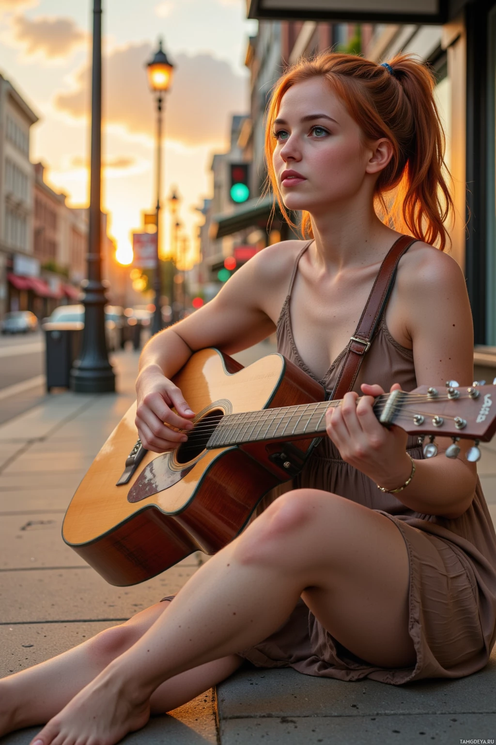 Realistic high quality photo. A 24‑year‑old woman with fiery red hair in a loose ponytail, green eyes sparkling, wearing a casual flowy dress and sandals, playing an acoustic guitar on a city sidewalk at sunrise, with a laughing passerby nearby as her music echoes into the early morning light.