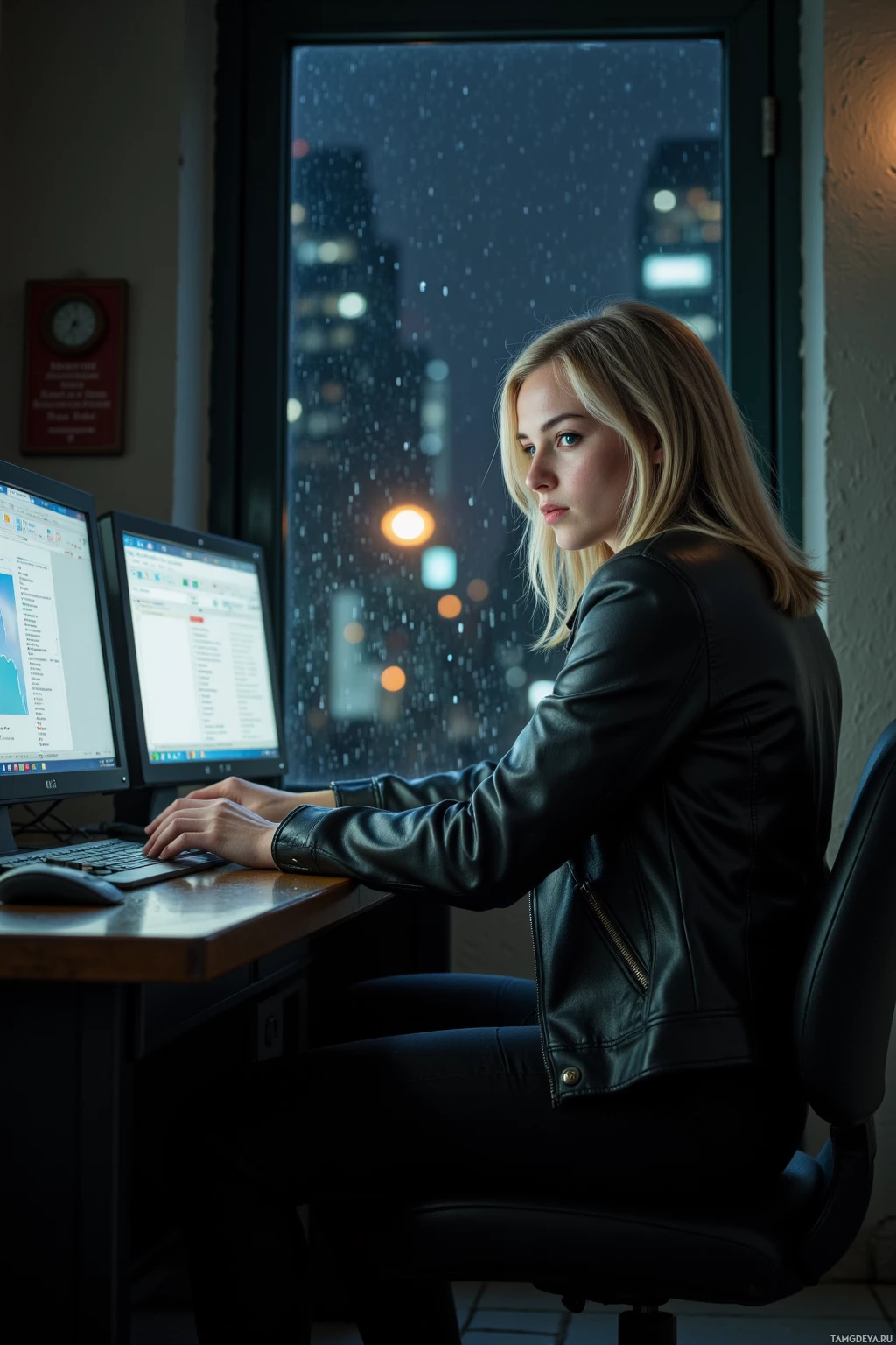 Realistic high quality photo. A 27‑year‑old pale‑skinned blonde woman in a dark leather jacket and pants sits alone in a dimly lit old tower office at midnight, her stoic face focused on glowing computer monitors filled with scrolling data, the heavy door closed against the faint city hum below and rain softly tapping the window, embodying quiet independence and silent determination.