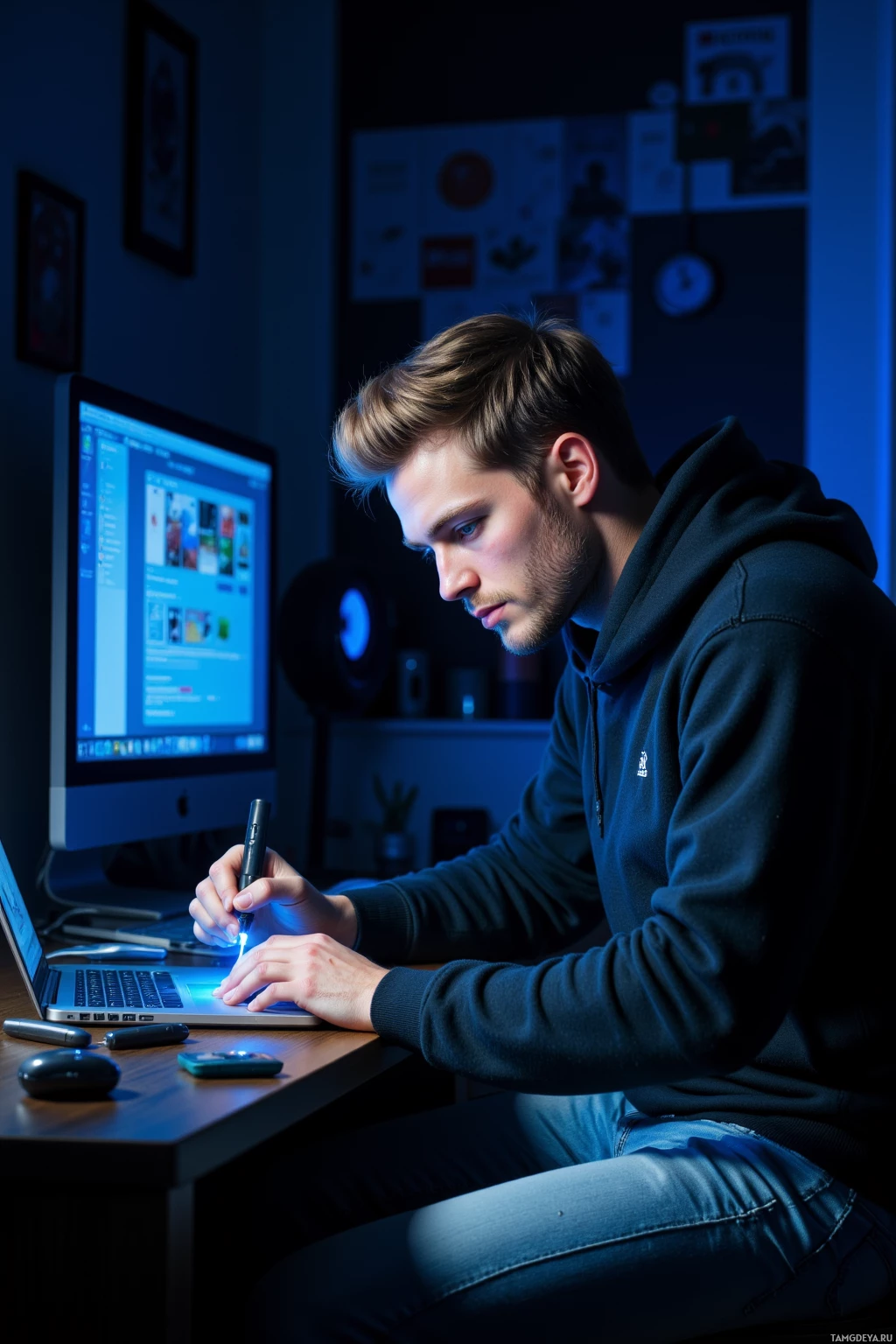 Realistic high quality photo. 25‑year‑old male with short blonde hair, blue eyes, wearing a dark grey hoodie and slim light jeans, soldering a glowing blue LED strip on a laptop keyboard in a dimly lit bedroom at 3 am, surrounded by tools and a quiet glow of the computer screen, focused and determined.