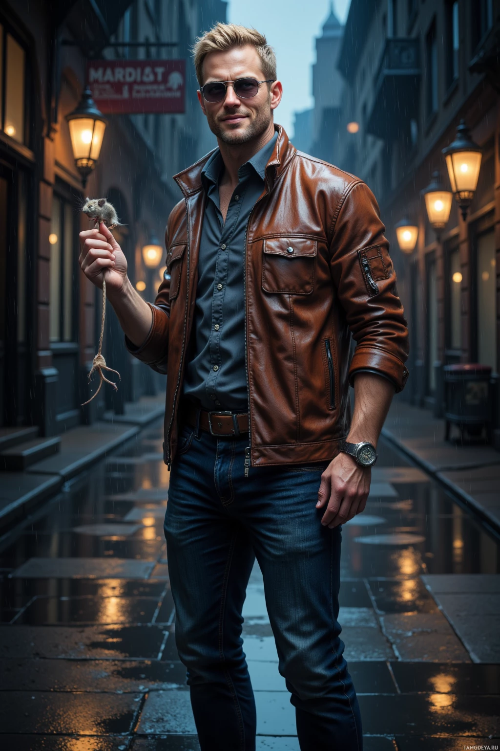 Realistic high quality photo. Tall, rugged 38‑year‑old man with short blonde hair, piercing blue eyes, strong jawline, wearing a cracked vinyl jacket, dark jeans, watch, aviator sunglasses perched on his face, grinning confidently while holding a dead mouse in one hand, standing in a rain‑soaked city alley at night with street lamps reflecting on wet pavement and shadows looming around him.