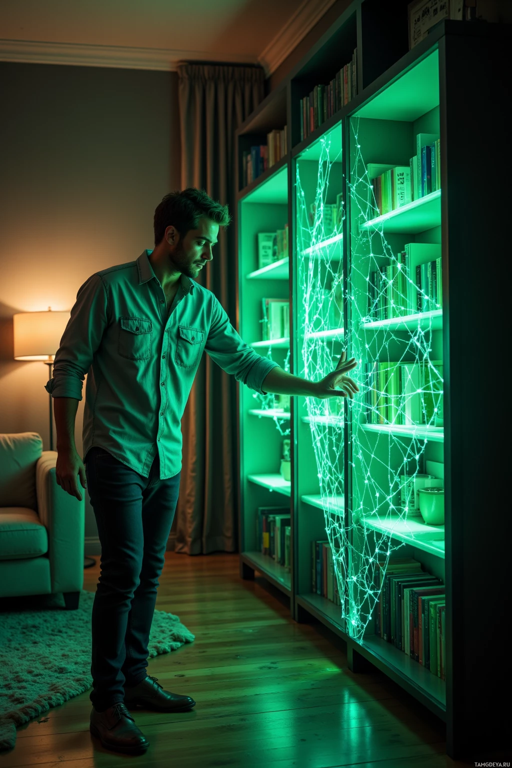 Realistic high quality photo. 26-year-old man with short light brown hair, blue eyes, pale skin, wearing a neat light‑gray button‑down shirt, dark jeans, brown loafers, intensely mapping a glowing green algorithm lattice projected on a bookshelf in a modern living room at night, soft ambient lighting.