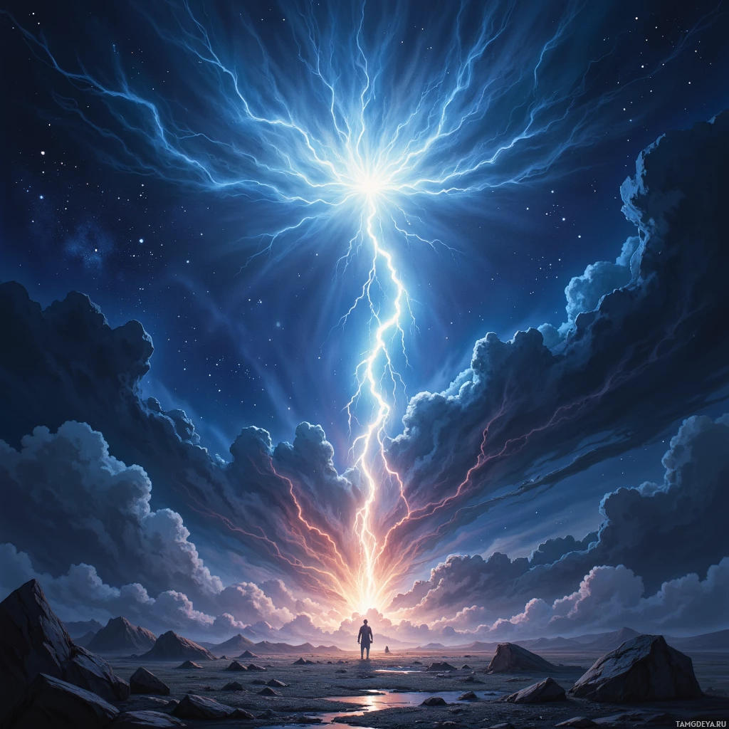 Semi-abstract image with many empty light space at center of beautiful background, that is suitable for the post:  When thunder drags its echo across the battlefield, I am the lone comet that burns unseen, leaving only ash.