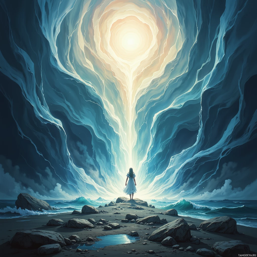 Semi-abstract image with many empty light space at center of beautiful background, that is suitable for the post:  I am the silent storm that turns tides; beneath the calm, an ancient thunder cracks with forgotten fear.