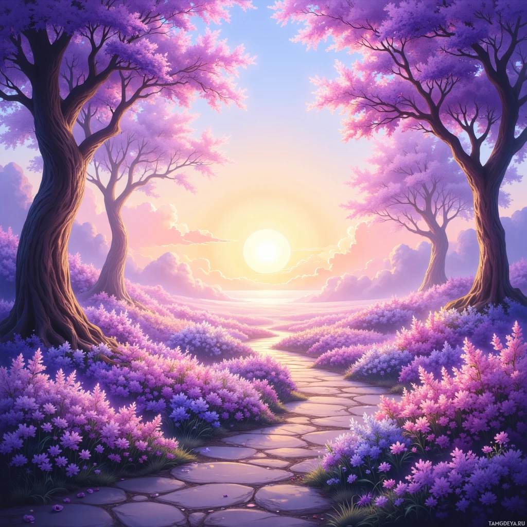Semi-abstract image with many empty light space at center of beautiful background, that is suitable for the post:  The sunrise paints my heart’s secret gardens in lavender light, and I plant a single wish in every petal.