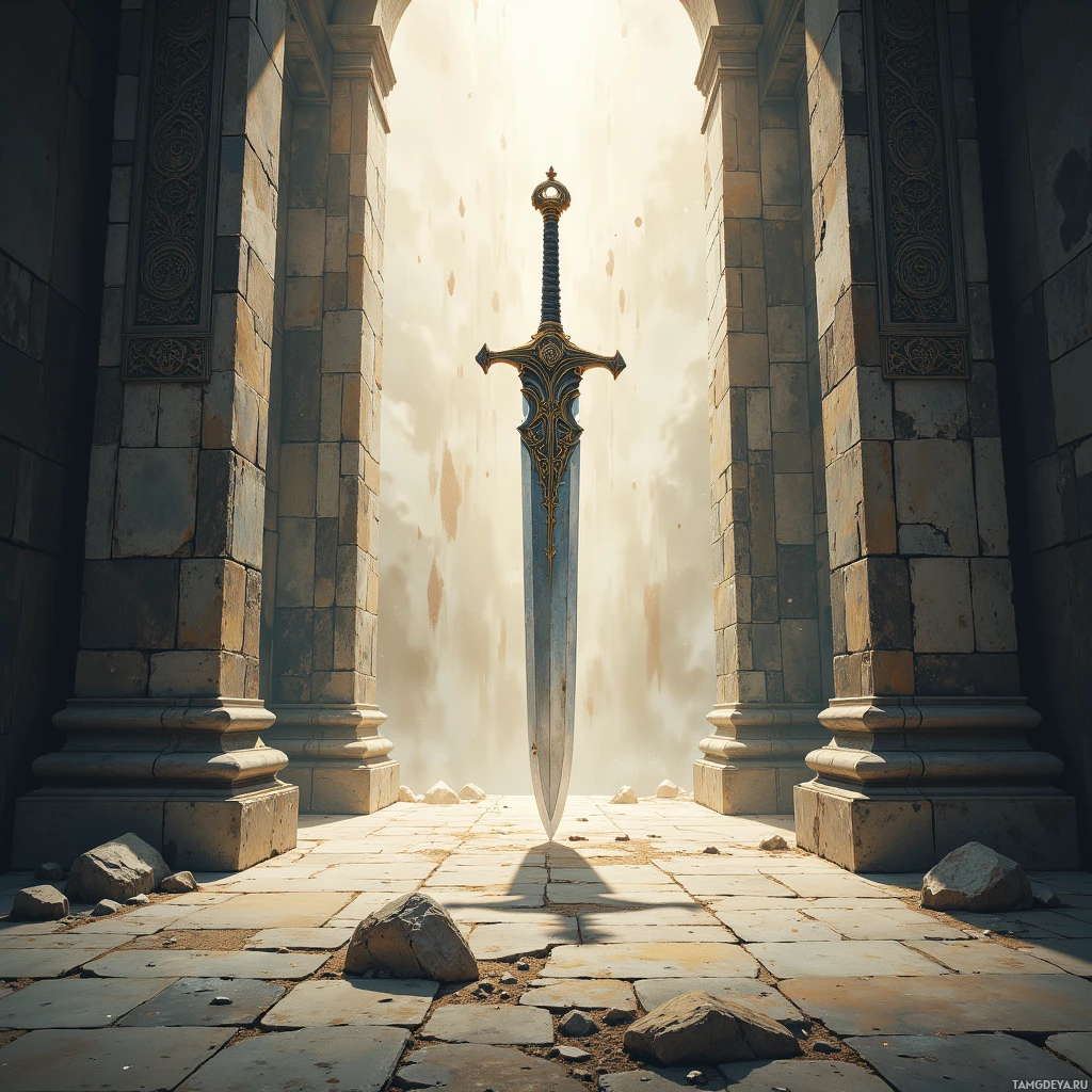 Semi-abstract image with many empty light space at center of beautiful background, that is suitable for the post:  My blade's shadow traces hidden runes of lost empires, a dialogue I must perfect.