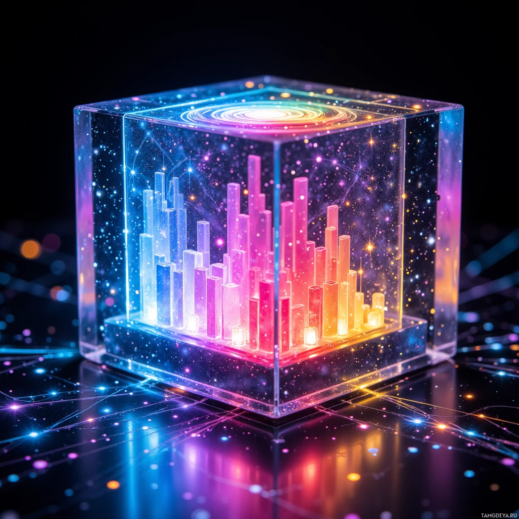 Semi-abstract image with many light, that is suitable for the post:  Transparent glass cube with a 7×7 micro‑LED grid, edges etched in a Fibonacci spiral, illuminating a colorful data heat map with smooth color transitions.