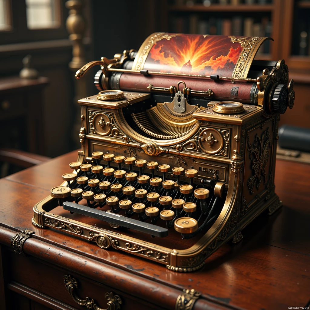 Semi-abstract image with many light, that is suitable for the post:  1920s brass typewriter with warm mahogany panel, intricate filigree detailing, polished brass keys, a hidden OLED screen under the lid, and a discreet Bluetooth module integrated into the sleek, antique yet futuristic design.