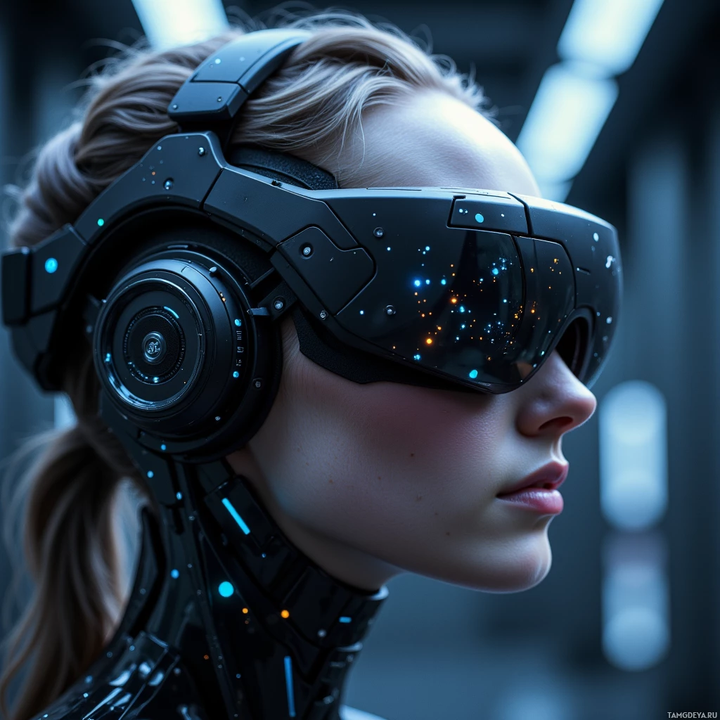 Semi-abstract image with many light, that is suitable for the post:  A hyper‑sleek AR visor with a seamless matte black chassis, a transparent OLED display that curves with the wearer’s head, and subtle embedded neural‑adaptive circuitry visible as faint iridescent lines.