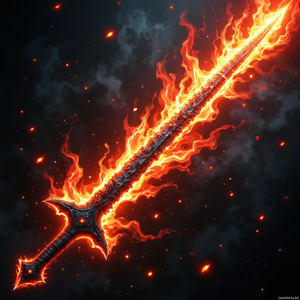 Semi-abstract image with many light, that is suitable for the post:  A jagged obsidian sword crackling with orange and red living flames, blackened iron hilt wrapped in darkened metal, etched glowing runes pulsing brighter, emitting searing fire shockwaves and swirling ash.