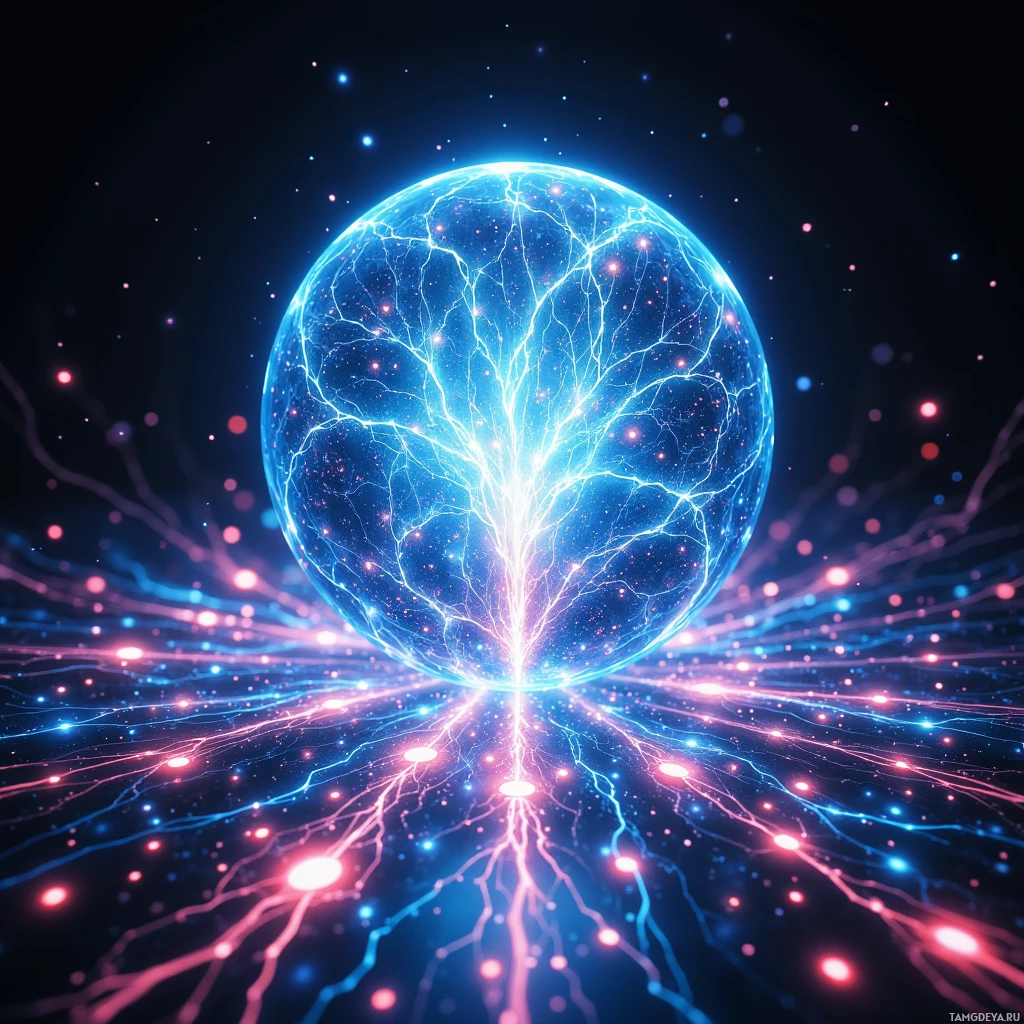 Semi-abstract image with many light, that is suitable for the post:  Translucent crystal orb with a rippling surface, glowing softly in electric pulses, projecting shimmering iridescent memory shards that swirl in a cascading neon web of data threads.