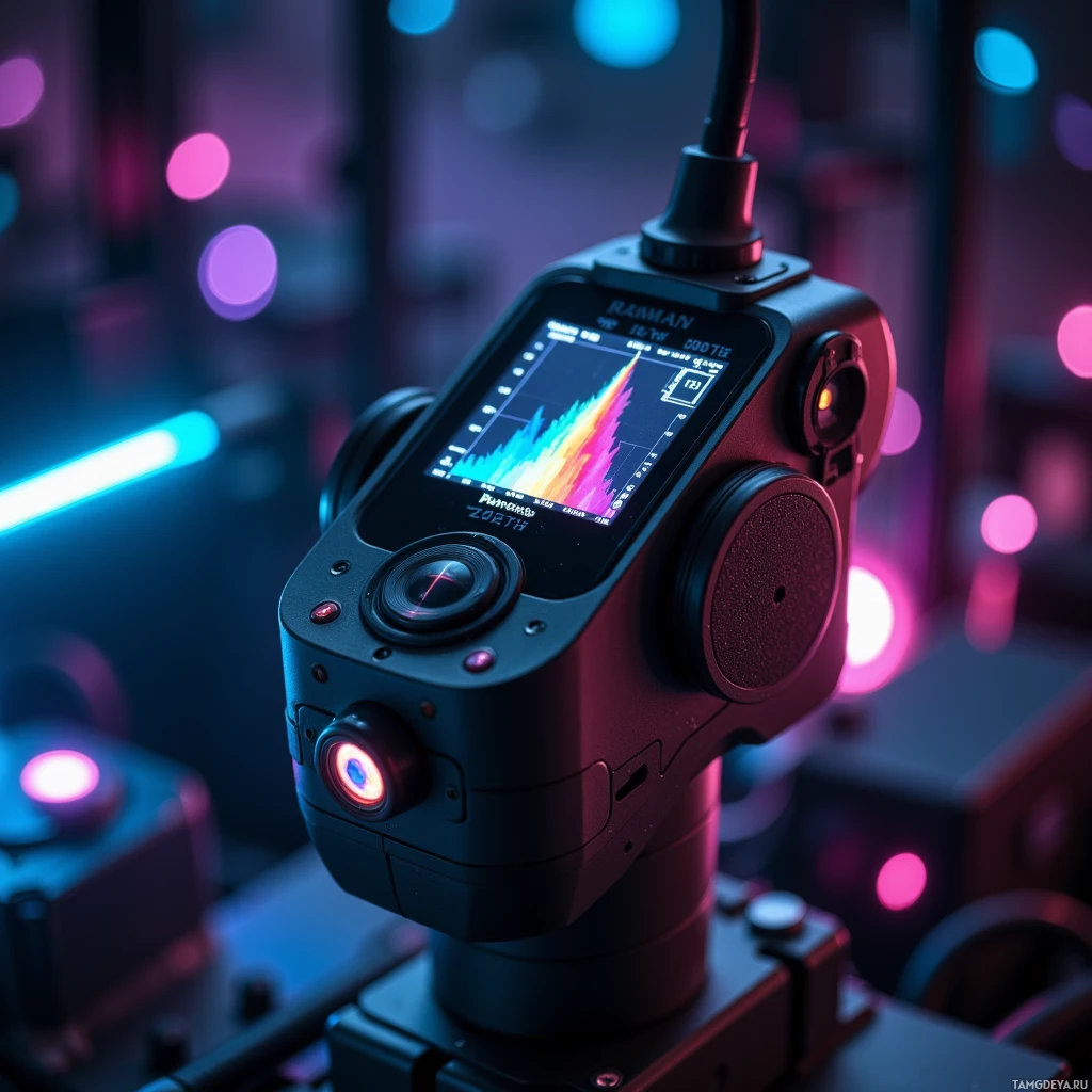 Semi-abstract image with many light, that is suitable for the post:  Handheld Raman spectrometer with matte‑black chassis, cylindrical sleek body, integrated focused laser emitter, compact micro‑display screen showing a vivid color spectrum, small LED indicators, brushed metal accents, ergonomic textured grip.
