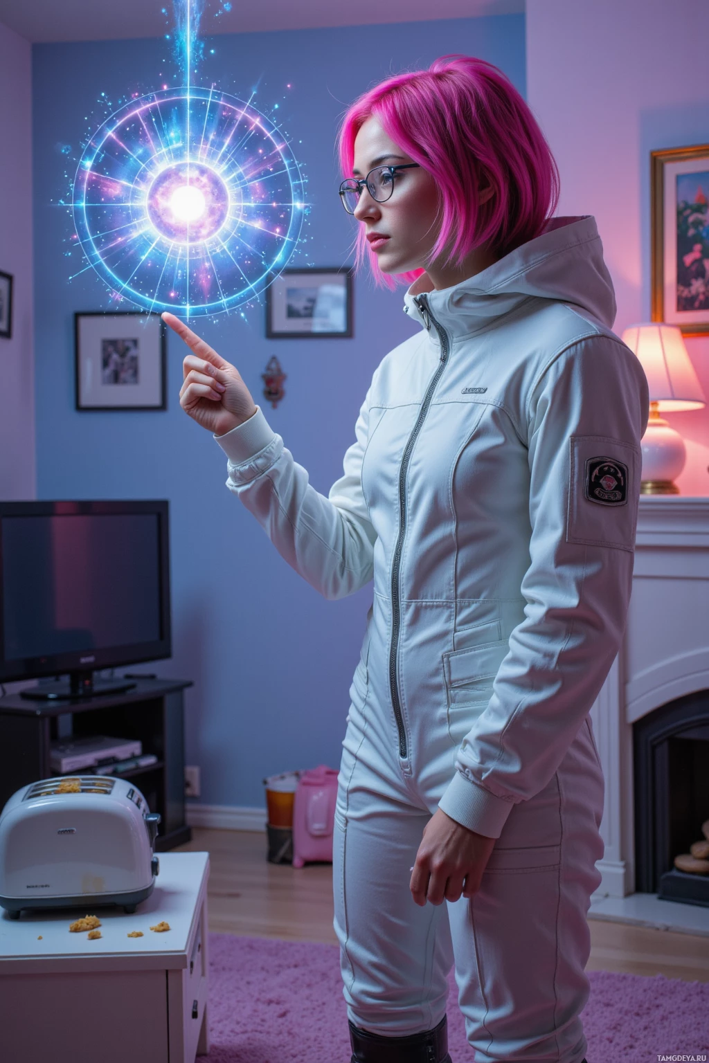 Realistic high quality photo. Female, 24, neon pink messy bob, pale skin, blue eyes, metallic‑framed glasses, white spacesuit‑inspired jumpsuit with silver accents, knee‑high black boots with metallic buckles, standing in a living room turned warp tunnel, pointing at a floating holographic grid showing the Nebula Nebulon‑7 star cluster, with a toaster stuck in a crumb loop in a corner, ambient starry glow.