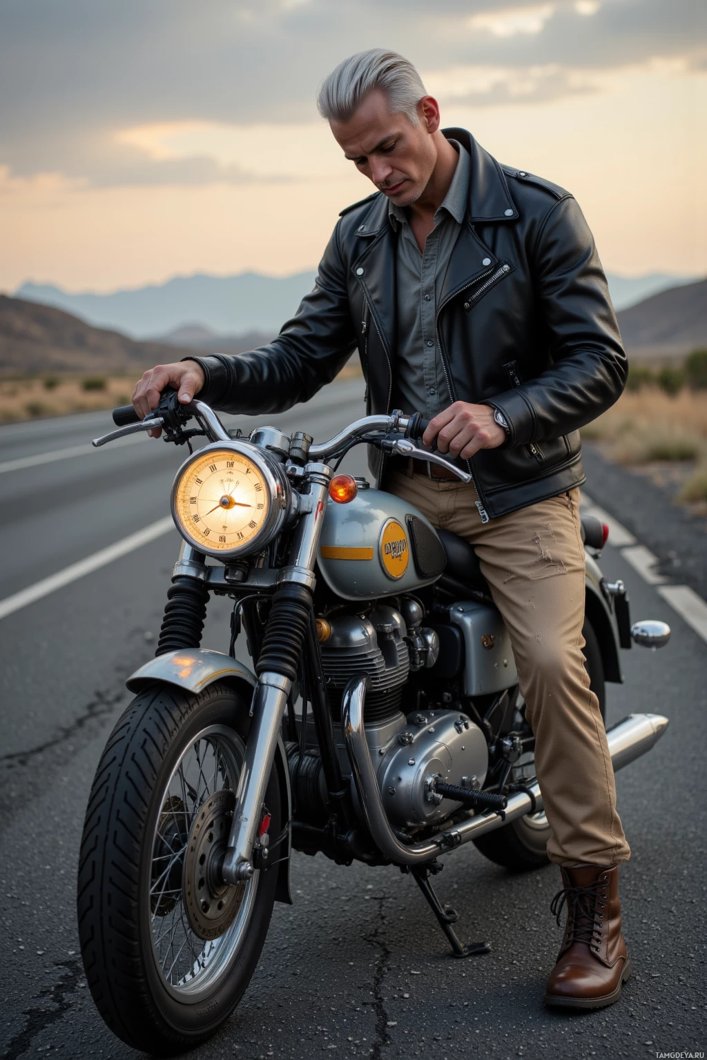 Realistic high quality photo. 28‑year‑old man with white slicked‑back hair, pale skin, blue eyes, wearing a fitted black leather jacket over a grey shirt and scuffed light‑brown pants, standing on a highway at dusk under a storm crack, polishing the chrome of a vintage matchbox motorcycle while holding an old compass, with faded mile markers and rough asphalt in the background.
