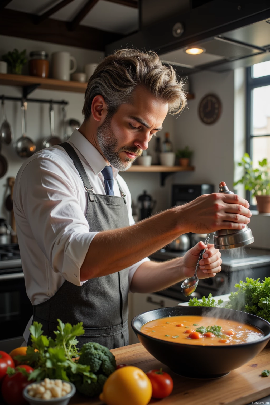Realistic high quality photo. A 28‑year‑old distinguished man with salt‑and‑pepper hair, fair skin, sharp features, wearing a tailored shirt and subtle tie, holding a shaker, standing in a modern kitchen at dawn, scrutinizing a steaming bowl of broth with a spoon, surrounded by stainless‑steel utensils and a counter lined with fresh vegetables.
