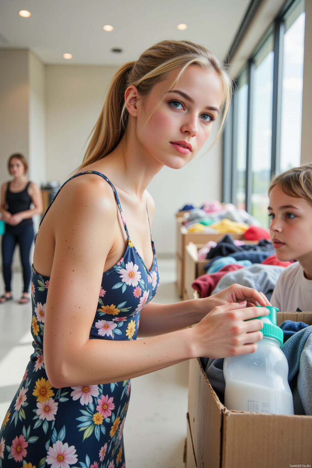 Realistic high quality photo. A 28‑year‑old woman with warm skin, a blonde ponytail, bright blue eyes, wearing a floral sundress, gently arranging donated clothing in a bright modern youth center hallway while a child laughs, holding a reusable water bottle, sunlight streaming through the windows, radiating kindness and community spirit.
