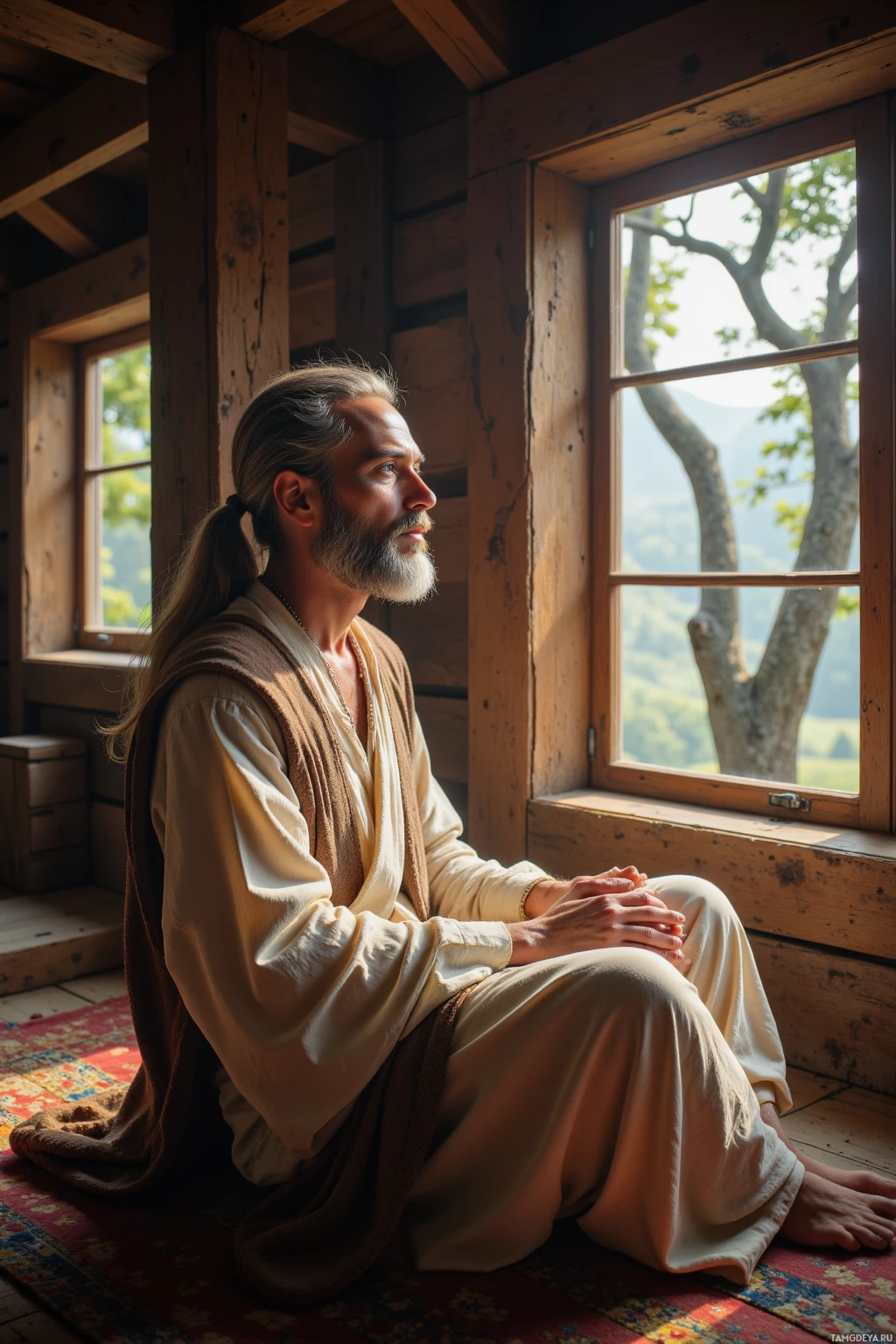 Realistic high quality photo. A 42-year-old serene man with long light gray hair tied back, thoughtful blue eyes, fair skin, wearing flowing beige and light brown robes with a simple beaded necklace, sits calmly in an old cedar room with exposed wooden beams, looking out at a large oak tree through a window, breathing slowly as the distant city hum fades into a soft background, modern realism.