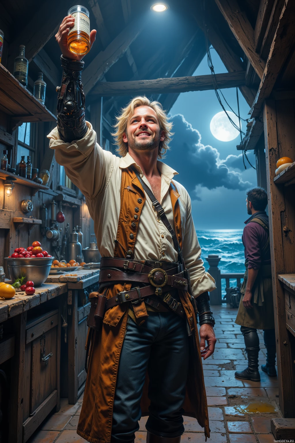 Realistic high quality photo. Rugged 29‑year‑old male sea captain with sun‑kissed blonde hair, piercing blue eyes, fair skin, loose white shirt, long weathered coat open, breeches, slightly askew tricorn hat, intricate mechanical right arm, standing in a moonlit ship galley at midnight on the cursed island of Mirth, raising a bottle of rum while laughing with crew amid a chaotic kitchen battlefield, stormy sea visible through galley windows.