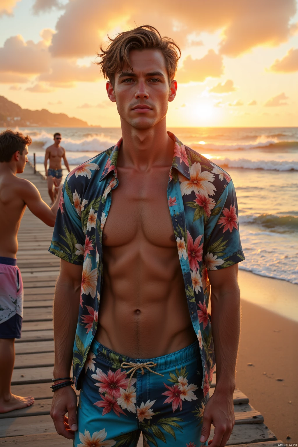 Realistic high quality photo. At sunset on a wooden pier overlooking a restless ocean, a 28‑year‑old man with light brown sun‑bleached hair, tanned skin and blue eyes wears a loose Hawaiian shirt and casual board shorts, filming an improvised scene with a small crew on the sandy shore, laughter echoing over the waves as the horizon glows orange.