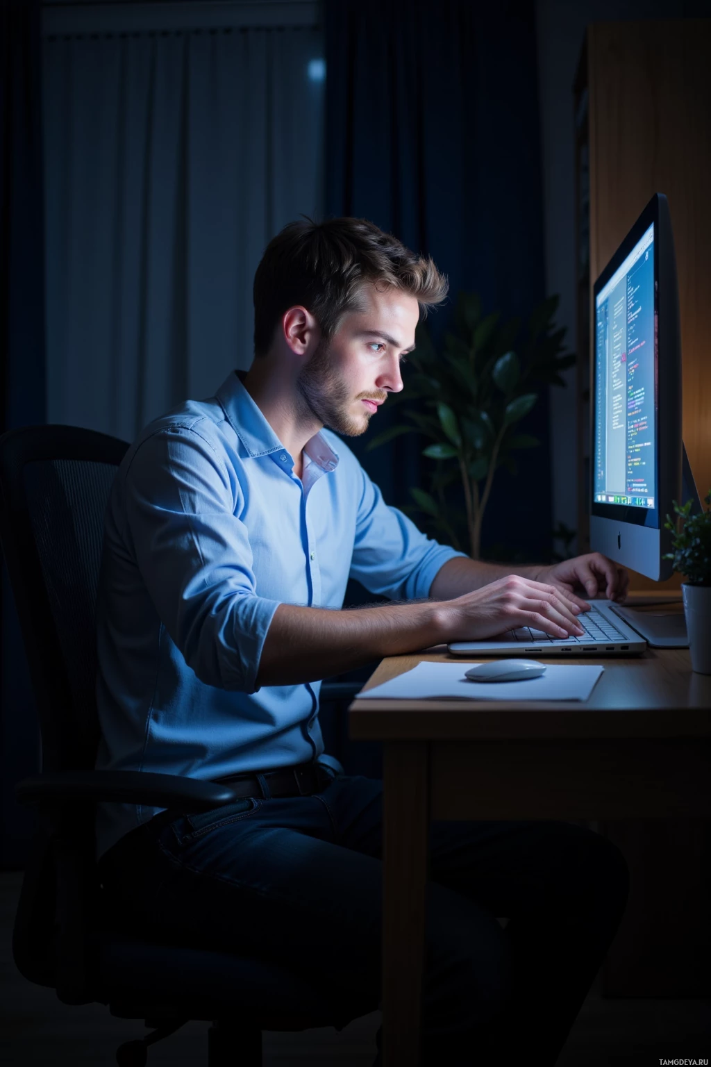 Realistic high quality photo. Male, 29, short light brown hair, hazel eyes, wearing a neat button‑up shirt and dark jeans, sits in a dimly lit home office at midnight, intensely focused on a laptop screen full of code, a single line glowing, his face illuminated by the monitor as he celebrates solving a stubborn bug.