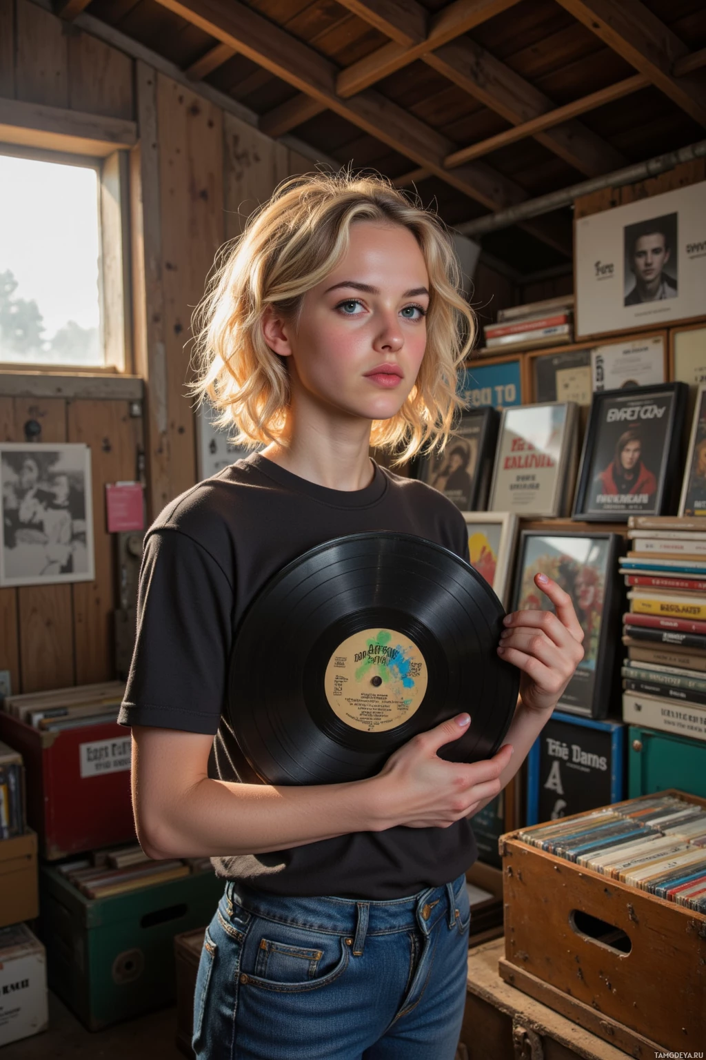 Realistic high quality photo. Female, 27, short curly blonde hair, blue eyes, wearing a black band t-shirt and jeans, standing in a dusty attic with vintage record crates, holding a 1970s vinyl record, humming with a mischievous grin, warm late afternoon light filtering through old windows, surrounded by stacks of old cassette tapes and 1970s band posters.