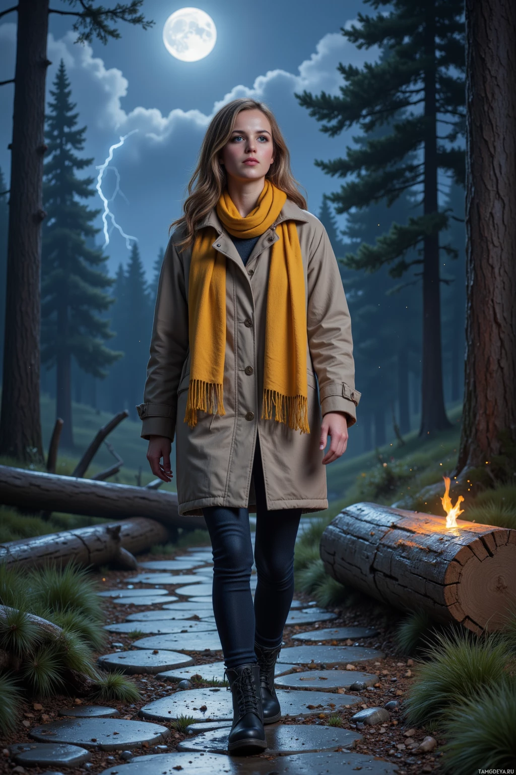 Realistic high quality photo. Female, 30, long wavy light brown hair, thoughtful blue eyes, pale skin, wearing a cozy oversized raincoat, soft yellow scarf, comfortable boots, walking alone through a moonlit pine forest with wet stone paths, distant thunder, a fallen log illuminated by dancing moonlight, and trembling branches swaying.