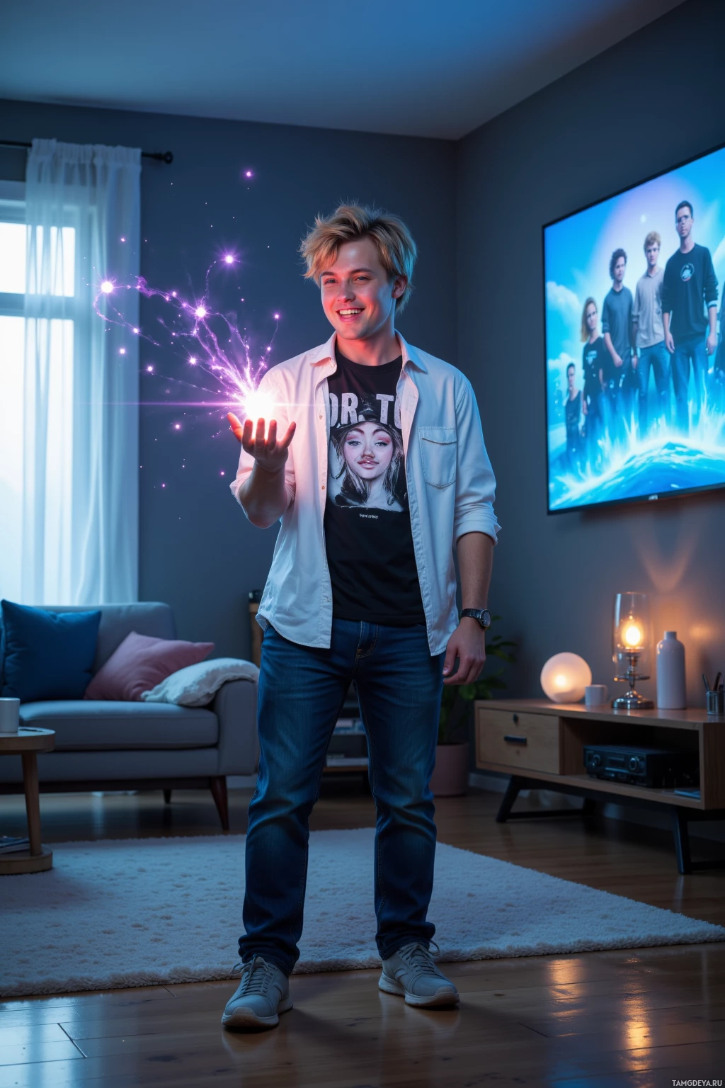 Realistic high quality photo. A young 31‑year‑old man with messy blonde hair, bright blue eyes, a warm smile, wearing a white shirt over a black graphic tee, dark blue jeans, and worn sneakers, standing in a sleek sci‑fi living room with holographic meme projections, clutching a glowing particle that lights his face as he giggles, with a small synth waveform displayed on a wall screen, evening light filtering through a window.