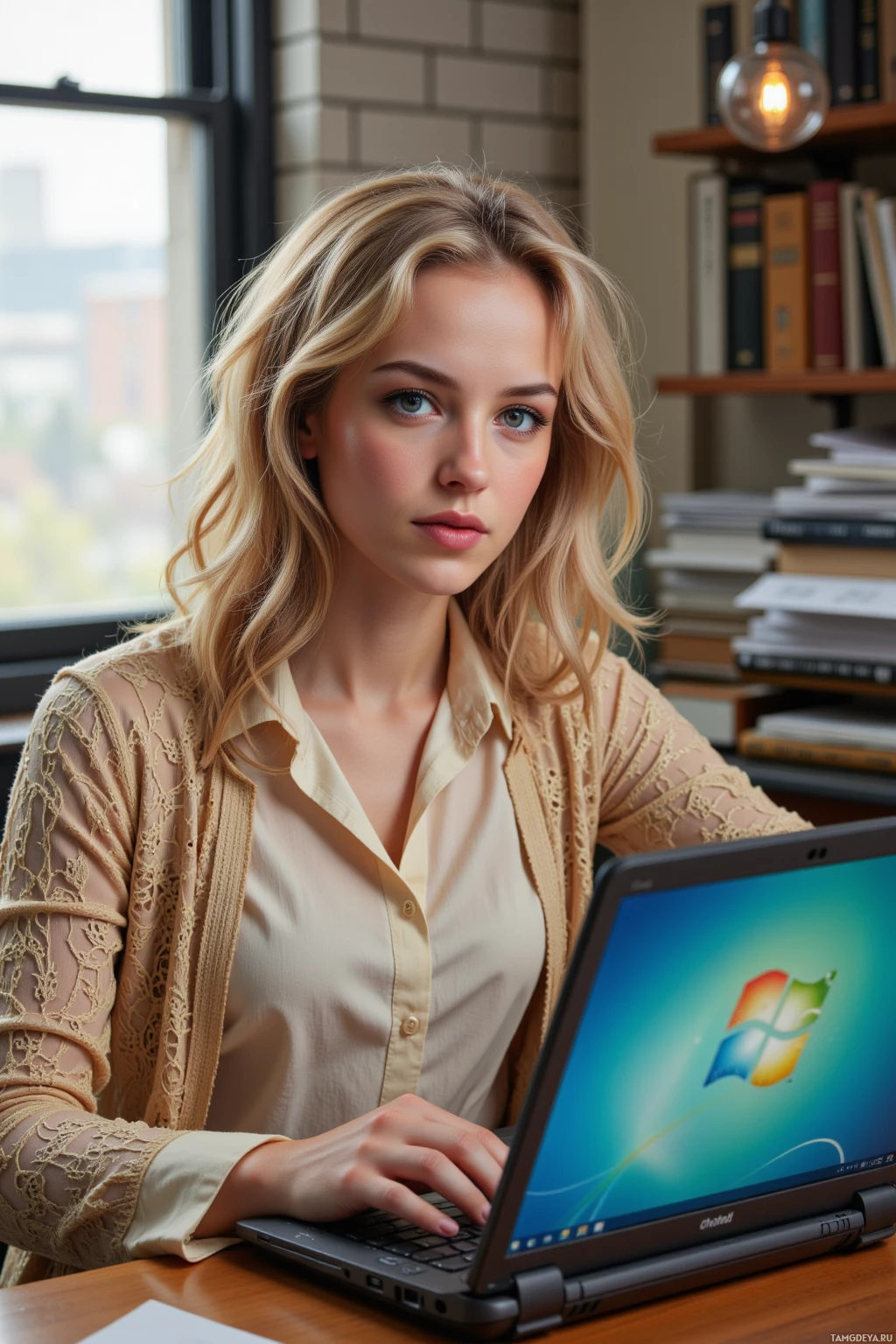 Realistic high quality photo. A woman, 32, blonde curly hair, blue eyes, wearing a cream blouse and a golden lace jacket, sits at a wooden desk in an afternoon-lit office, fingers poised over a laptop screen displaying a loading animation fading from amber to turquoise, a battered 2003 Windows XP wallpaper in the corner, stacks of archived UI sketches on a side table, and flickering hallway lights outside the window.