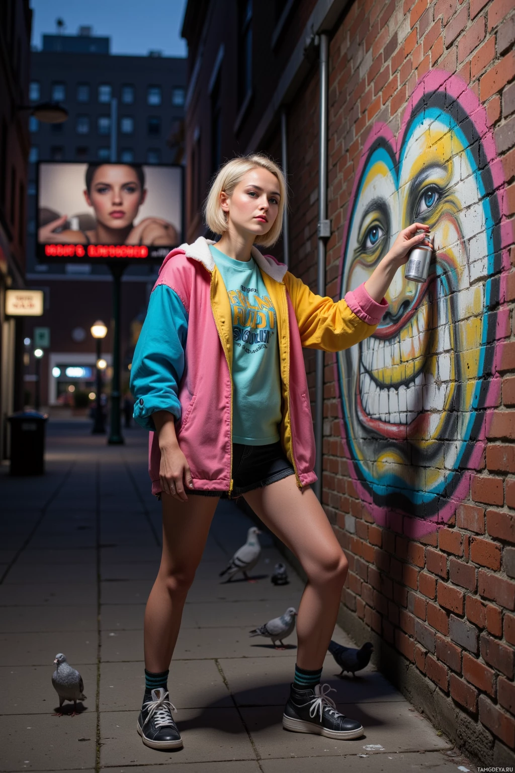 Realistic high quality photo. A 27‑year‑old woman with short platinum blonde hair, striking blue eyes, pale skin, wearing a graphic t‑shirt under a colorful jacket, striped socks, and patterned sneakers, spray‑painting a brick wall in a narrow alley at night, a corporate billboard with a smug grin behind her, pigeons perched on the wall, spray can hissing as she stands defiantly.