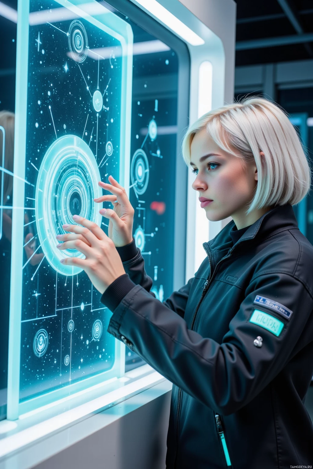 Realistic high quality photo. Female, 24, silver sleek bob, blue eyes, pale skin, wearing a high‑tech jacket with neon accents, calibrates the resonance matrix of a translucent stasis chamber inside a sleek quantum lab, tracing a phantom packet on a holographic interface while a subtle nebular data glitch flickers, her calm, precise stance radiating analytical focus.