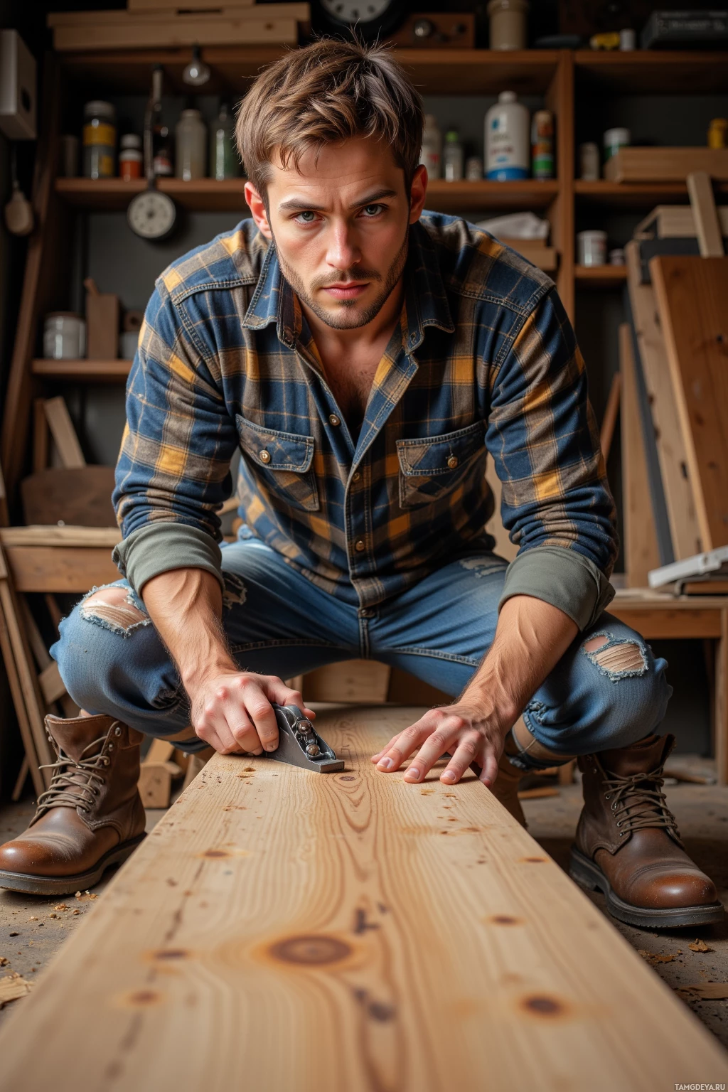 Realistic high quality photo. A 28‑year‑old man with short light brown hair, piercing blue eyes, wearing a worn flannel shirt, loose jeans, and scuffed work boots, stands at a cluttered wooden workbench in a workshop, carving a thick board with a hand plane, detailed grain patterns exposed by the cut, his expression focused and contemplative.