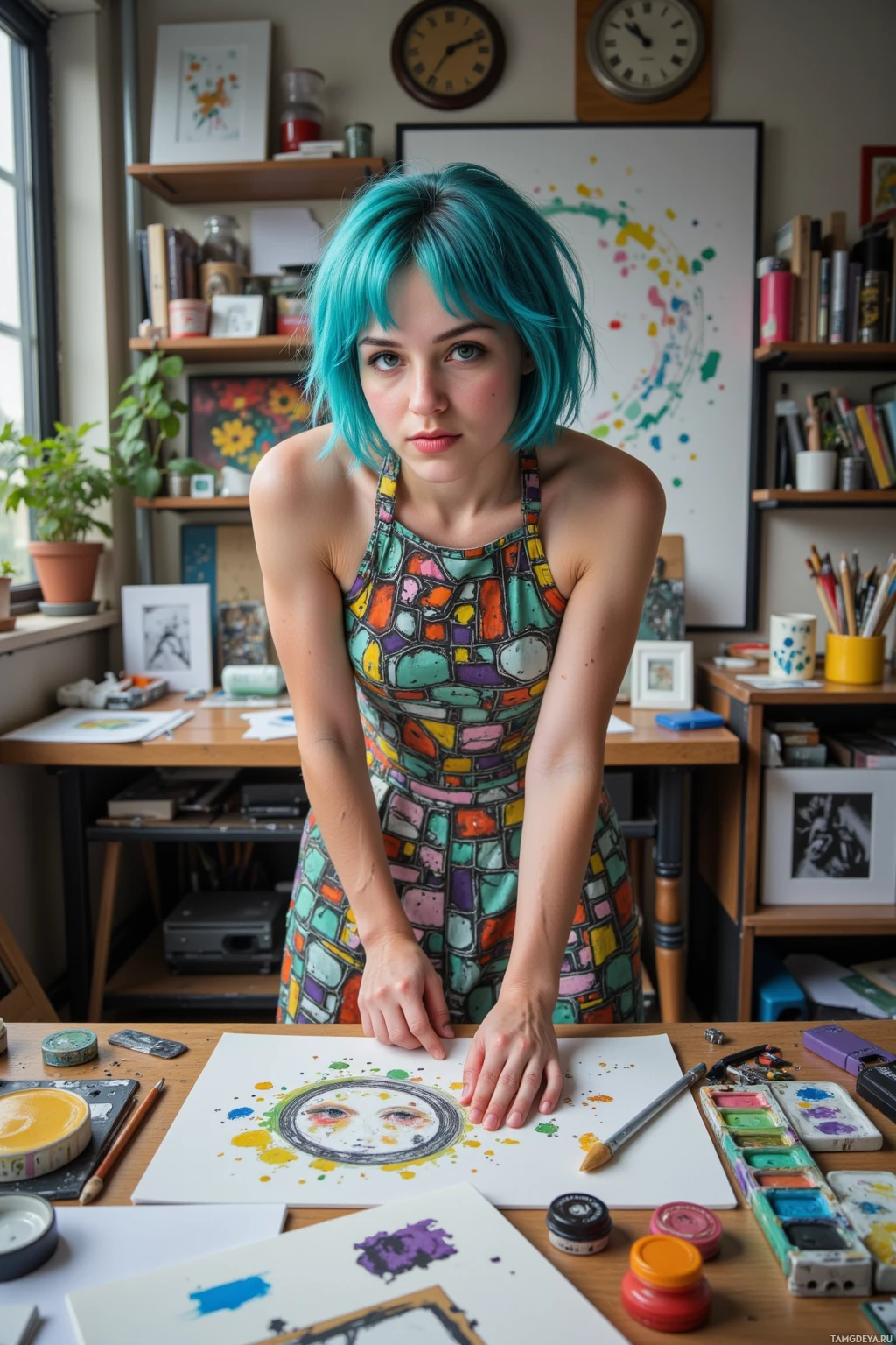 Realistic high quality photo. A 24‑year‑old woman with short, messy electric blue hair, bright green eyes, wearing a vintage‑inspired colorful patterned dress and chunky sneakers, energetically sketching amid a cluttered modern studio filled with scattered sketchbook pages, discarded paint palettes, a ticking clock, and a steaming cup of coffee, embodying her untamed creative chaos.