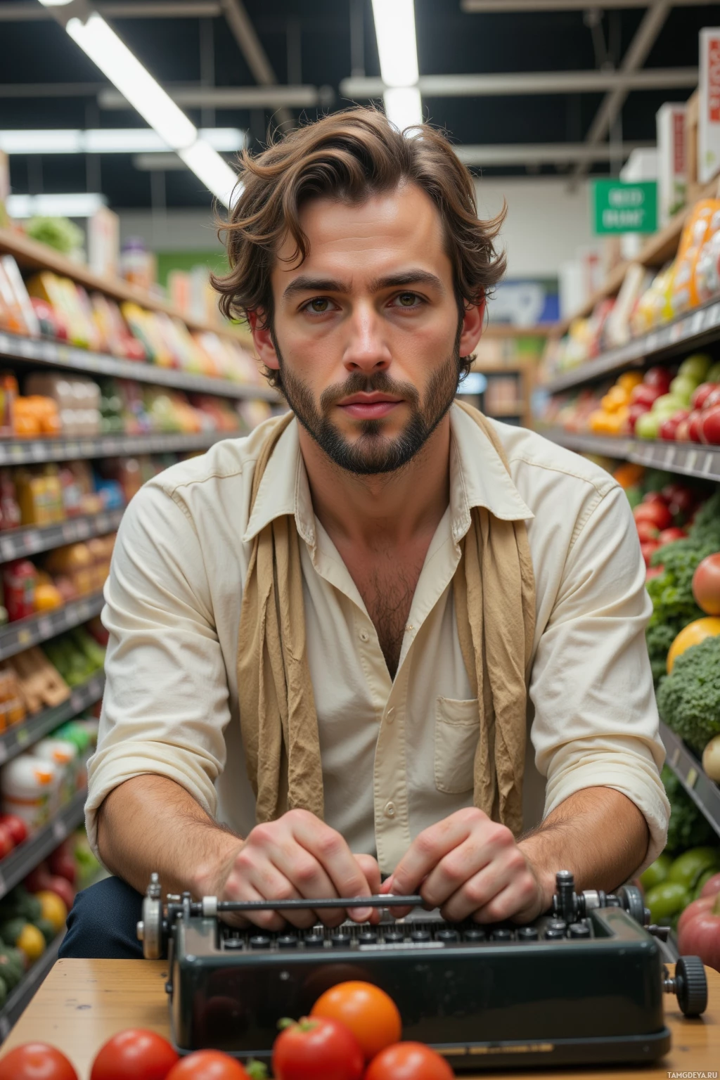 Realistic high quality photo. A 28‑year‑old man with wavy light brown hair and green eyes, wearing a linen shirt with rolled sleeves and a soft beige scarf, sits at a restored typewriter in a supermarket aisle, sealing a handwritten sonnet with wax amid fluorescent lighting and rows of produce in mid‑afternoon.