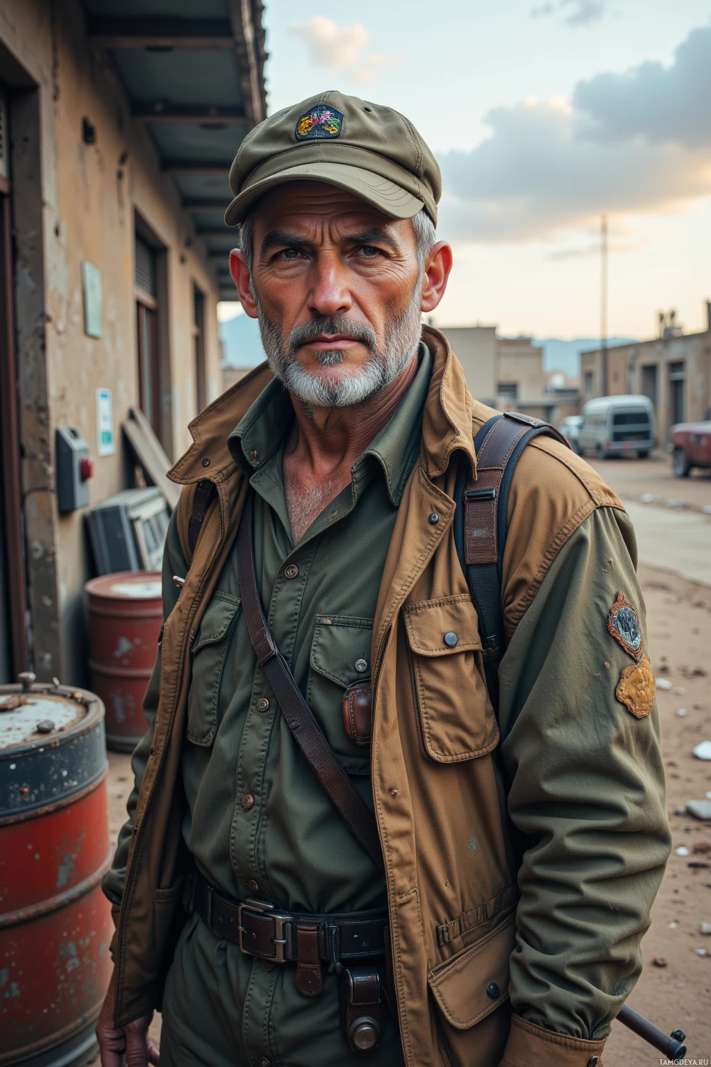 Realistic high quality photo. A 58‑year‑old battle‑hardened veteran with grey hair, grizzled beard, deep brown eyes, weathered face, wearing a worn military jacket and cap, standing in a dusty post‑apocalyptic wasteland beside a rusted water barrel and broken radio, arm scarred, holding a broken rifle, gazing toward a distant horizon under a cold sky with the sun a distant promise.