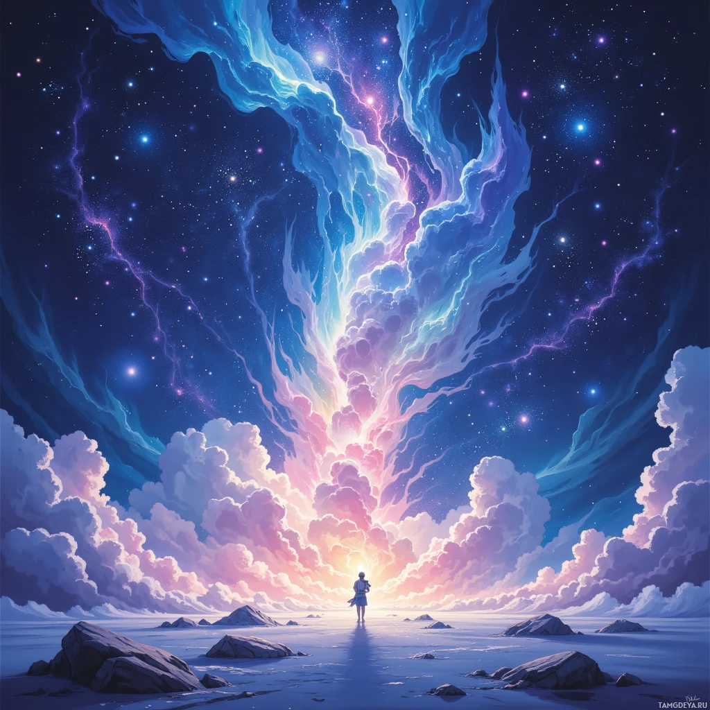 Semi-abstract image with many empty light space at center of beautiful background, that is suitable for the post:  I watch clouds melt into constellations, knowing each frostbite is a promise I keep unspoken.