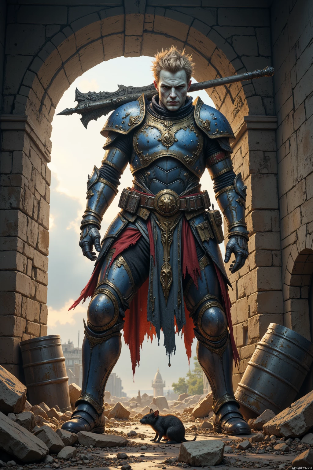 Realistic high quality photo. A towering 40‑year‑old male with short messy blonde hair, piercing blue eyes, metallic pale skin, wearing battle‑worn heavy armor and a mace on his shoulder, shoveling rubble off a ruined bunker entrance in a post‑apocalyptic wasteland, surrounded by broken steel barrels, scattered debris, a lone rat, at dusk.