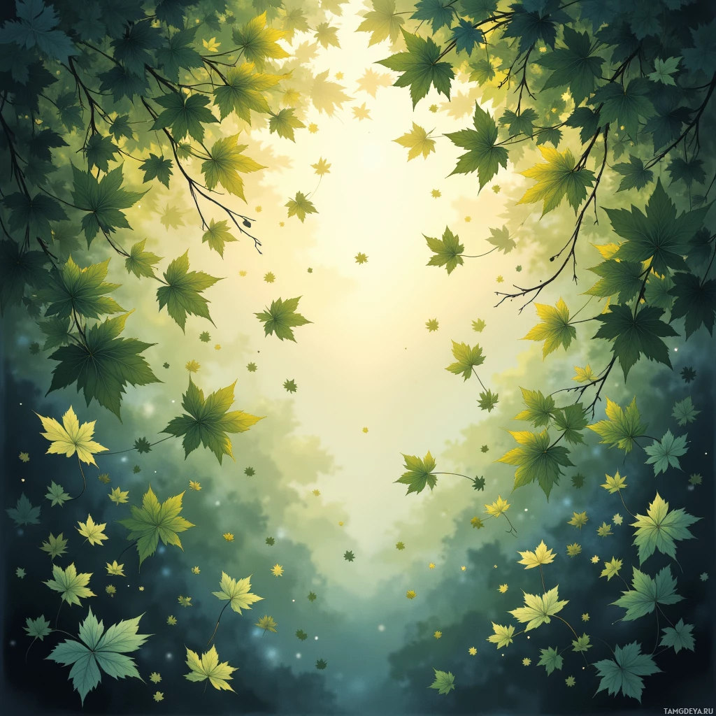 Semi-abstract image with many empty light space at center of beautiful background, that is suitable for the post:  Leaves whispered their own lullabies, and I drifted in their soft gravity.