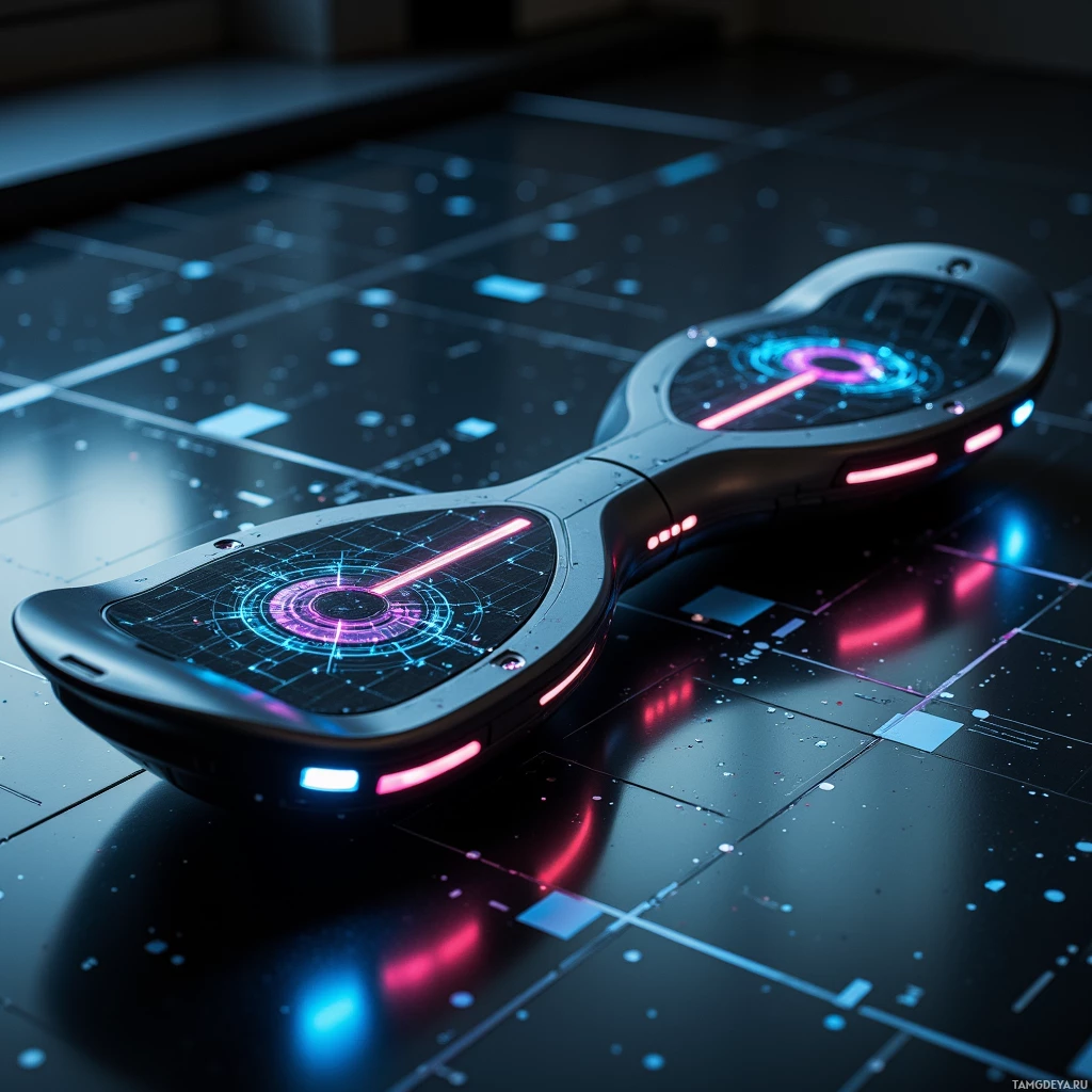 Semi-abstract image with many light, that is suitable for the post:  sleek matte black titanium hoverboard, folded into a wrist‑sized device, with glowing HUD navigation panels projecting across the deck and high‑contrast sharp edges, a futuristic, zero‑gravity stunner