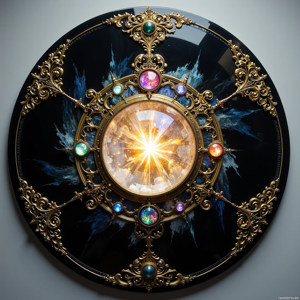 Semi-abstract image with many light, that is suitable for the post:  A 12‑inch obsidian disk with intricate brass filigree, a flawless polished black glass surface, a translucent holographic overlay projecting micro‑expressions, and a crystalline core of ancient alloy emitting a faint, subtle glow.