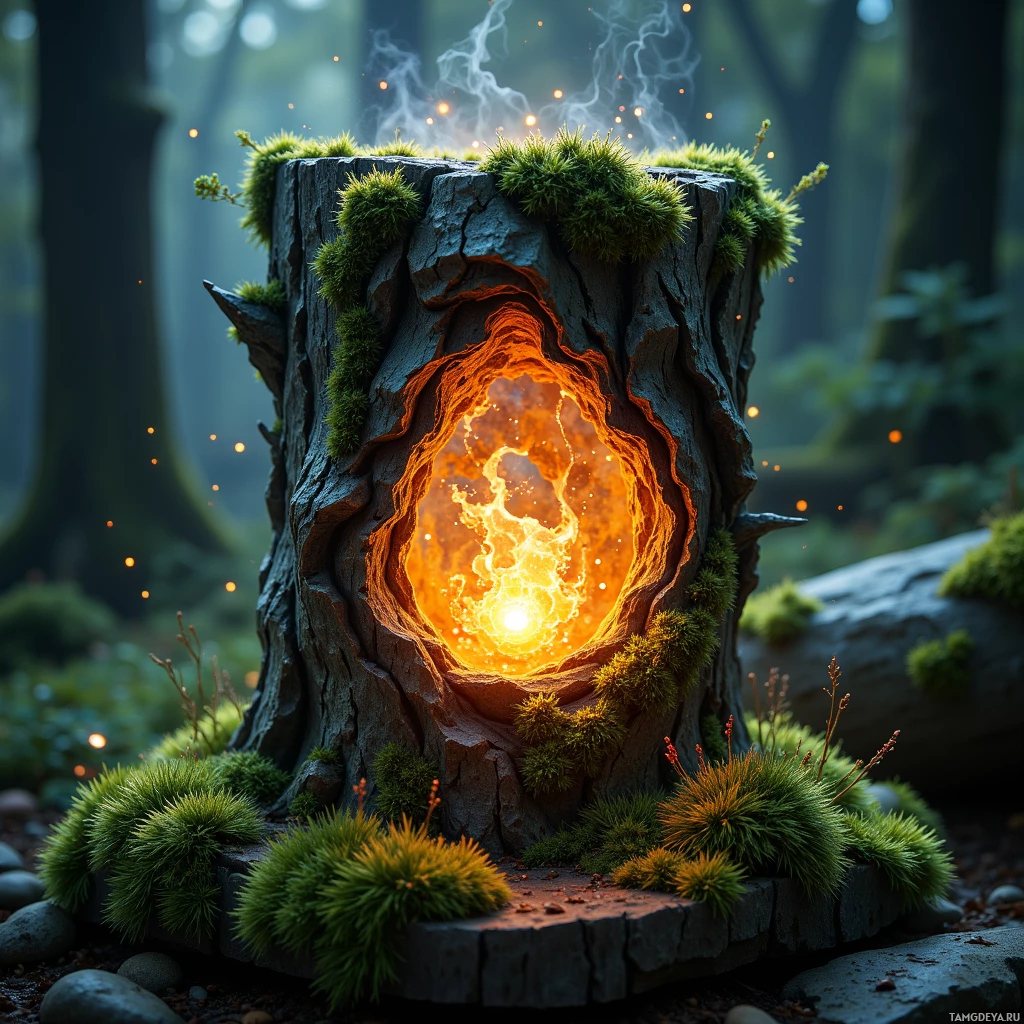 Semi-abstract image with many light, that is suitable for the post:  A lantern carved from fallen oak bark, its surface wrapped in soft bioluminescent moss glowing a gentle sunrise hue, with subtle mist emanating from the moss and warm amber light inside, showcasing intricate wood grain and bark texture.