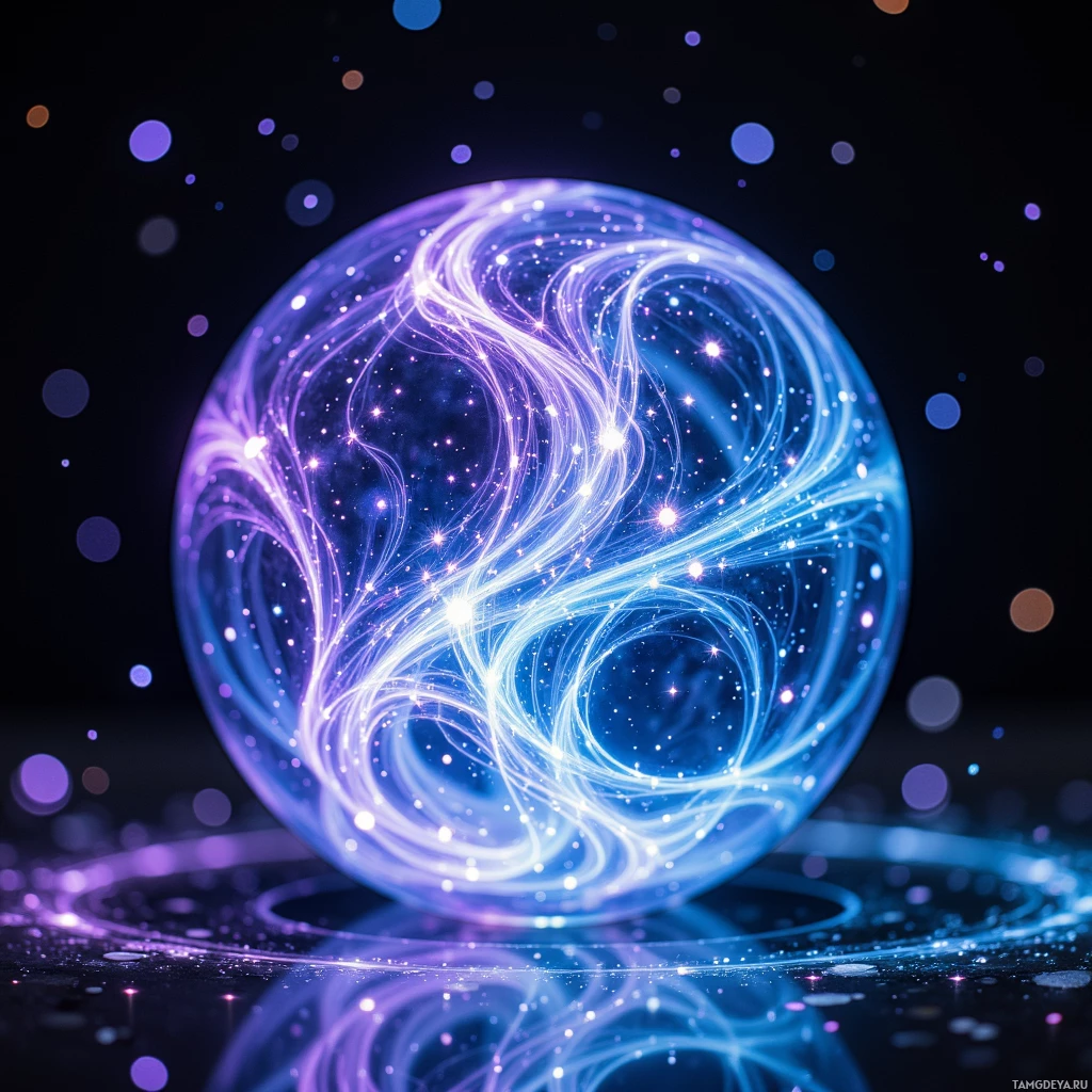 Semi-abstract image with many light, that is suitable for the post:  A small iridescent glass orb, swirling starlike patterns of luminous blues and purples, etched with glowing runes, subtly pulsing light in sync with a heartbeat, warm and slightly humming, combining ancient mystic motifs with ultramodern, futuristic elegance.