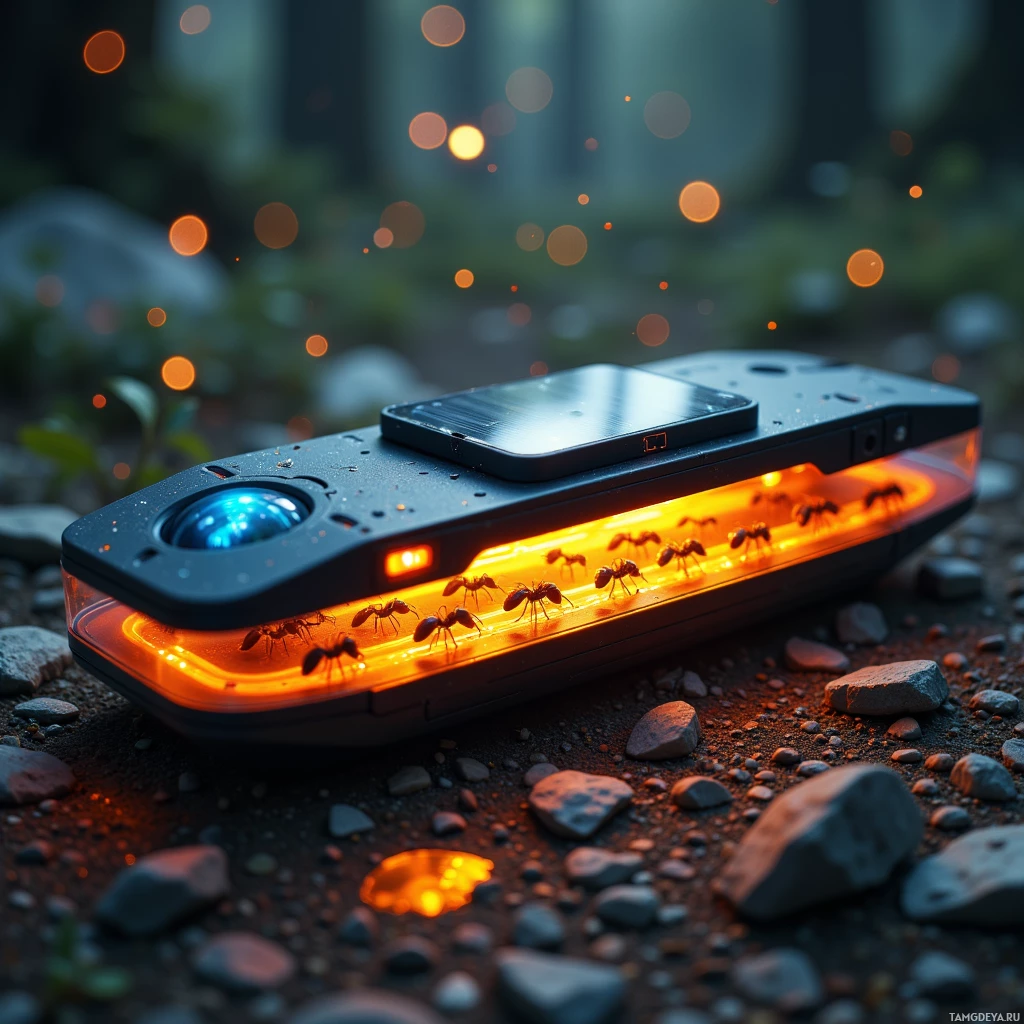 Semi-abstract image with many light, that is suitable for the post:  A sleek matte black weather‑proof polymer case housing a translucent clear strip with a living ant colony marching along it, the strip illuminated in amber when ants encounter pheromone cues, topped with a tiny reflective solar panel and a subtle blue digital radiation gauge, all rendered in a lightweight, futuristic biotronic design.