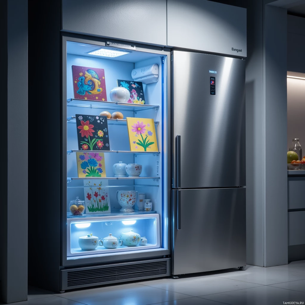 Semi-abstract image with many light, that is suitable for the post:  sleek stainless steel smart fridge with matte finish, glossy touch-screen panels painted with bright cartoon icons, illuminated display showing rotating children’s art gallery, subtle LED lighting and modern minimalist kitchen appliance design.