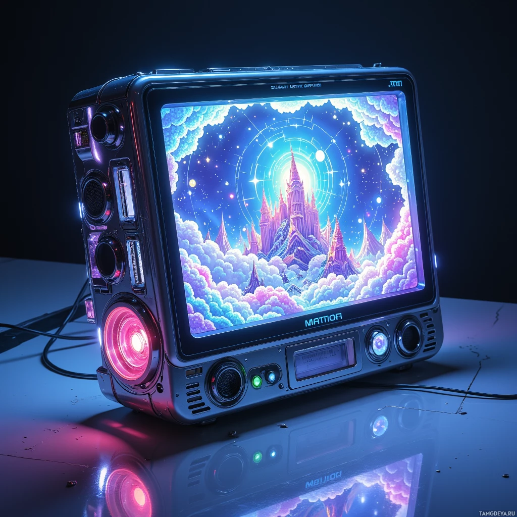 Semi-abstract image with many light, that is suitable for the post:  Chrome‑wrapped VHS‑style 32‑inch handheld console with a transparent glass faceplate projecting holographic 8‑bit worlds, built‑in snack dispenser for microwaved noodles, tiny speaker, touchpad, solar panel, and subtle AI indicator lights.
